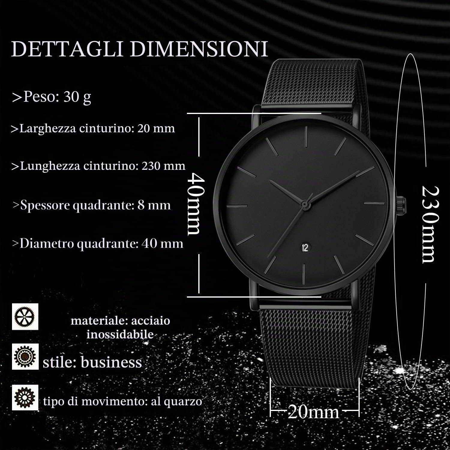 Unendlich U Orologio da uomo al quarzo ultra sottile impermeabile sport aziendale casual orologio con calendario digitale, quadrante nero con nastro nero in acciaio inossidabile
