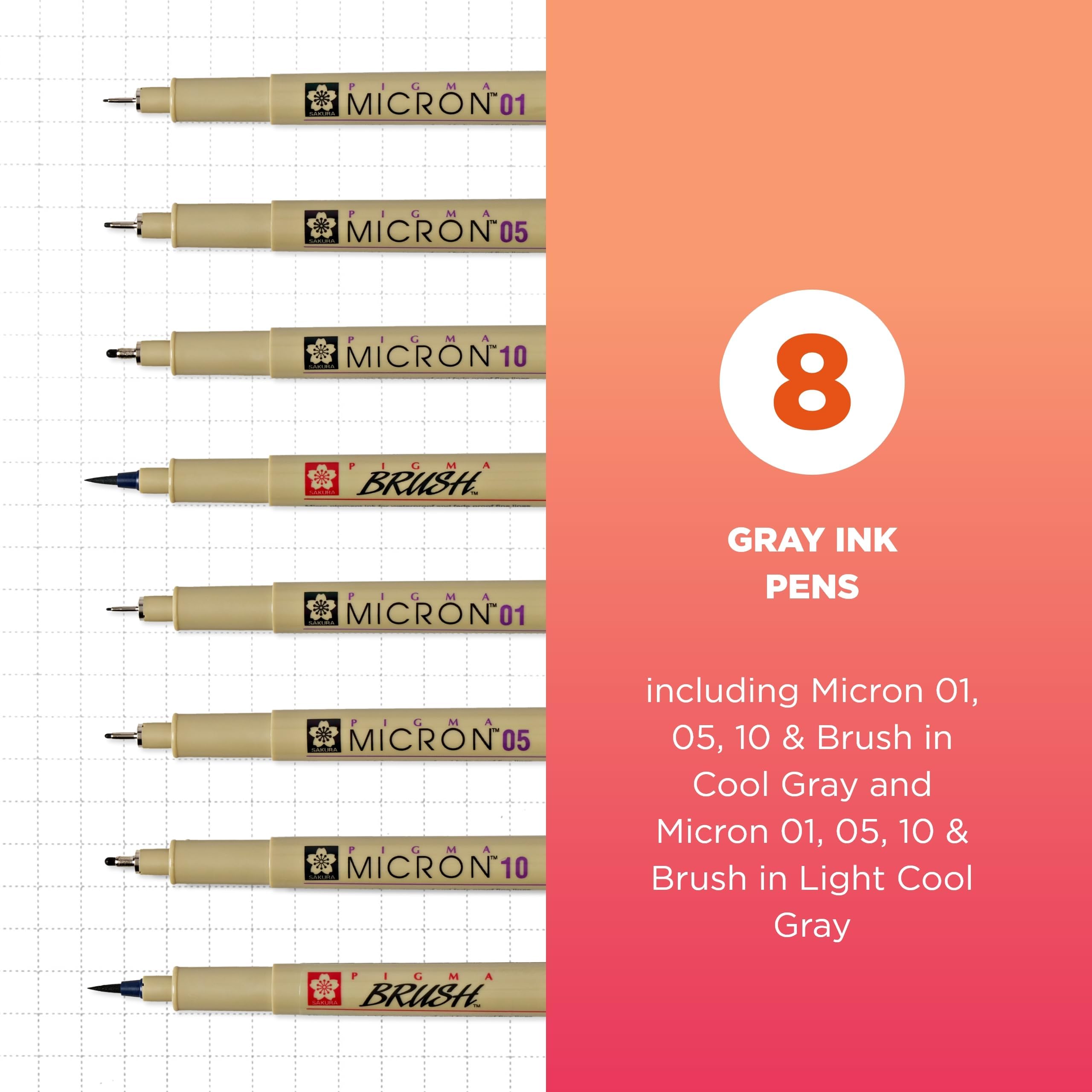 SAKURA Pigma Micron Fineliner Pens, Multi-tip Set, Archival Gray Ink, 8 PK 50167