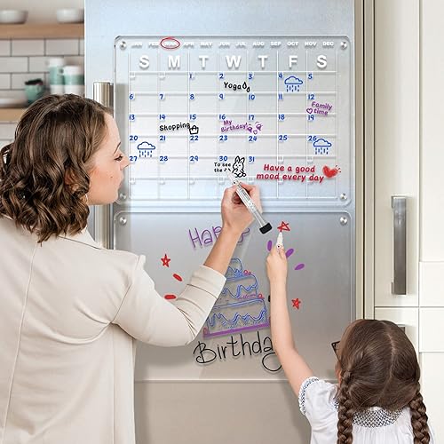 Miniatura 6 de FODIENS - Calendario magnético acrílico para refrigerador, juego de 2 tableros de calendario de borrado en seco transparente de 17 x 12 pulgadas