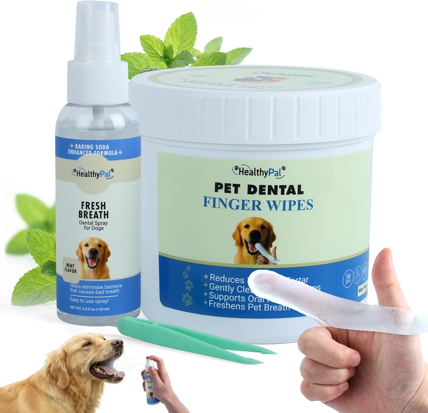 Pet Dental Finger Wipes for Dogs & Cats – 50 Mint Flavor Dog Dental Wipes + Mint Fresh Breath Spray, Dog Tooth Brushing Kit, Helps Remove Bad Breath & Plaque & Tartar Buildup