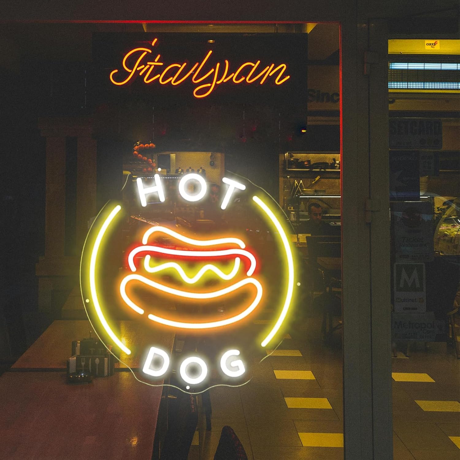 Hot Dog Neon Sign 20inches Round Led Hot Dog Open Business Light Up Signs Wall Decor for Restaurant Coffee Bar Shop Kitchen Store Decorations