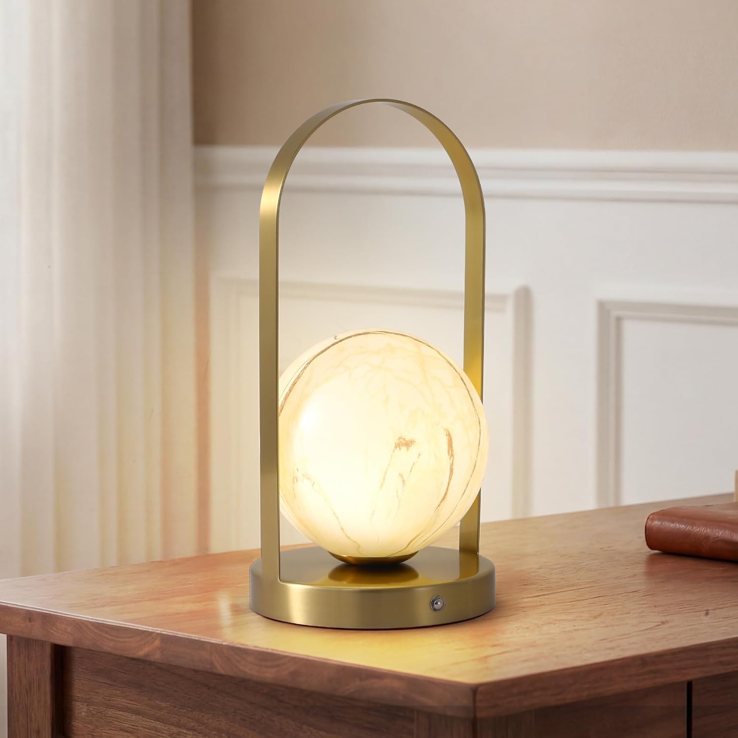 Portable Rechargeable Table Lamp with Marble Pattern Glass Shade – Gold Plated Metal Frame, Cordless LED Desk Light for Bedroom, Nursery, Camping