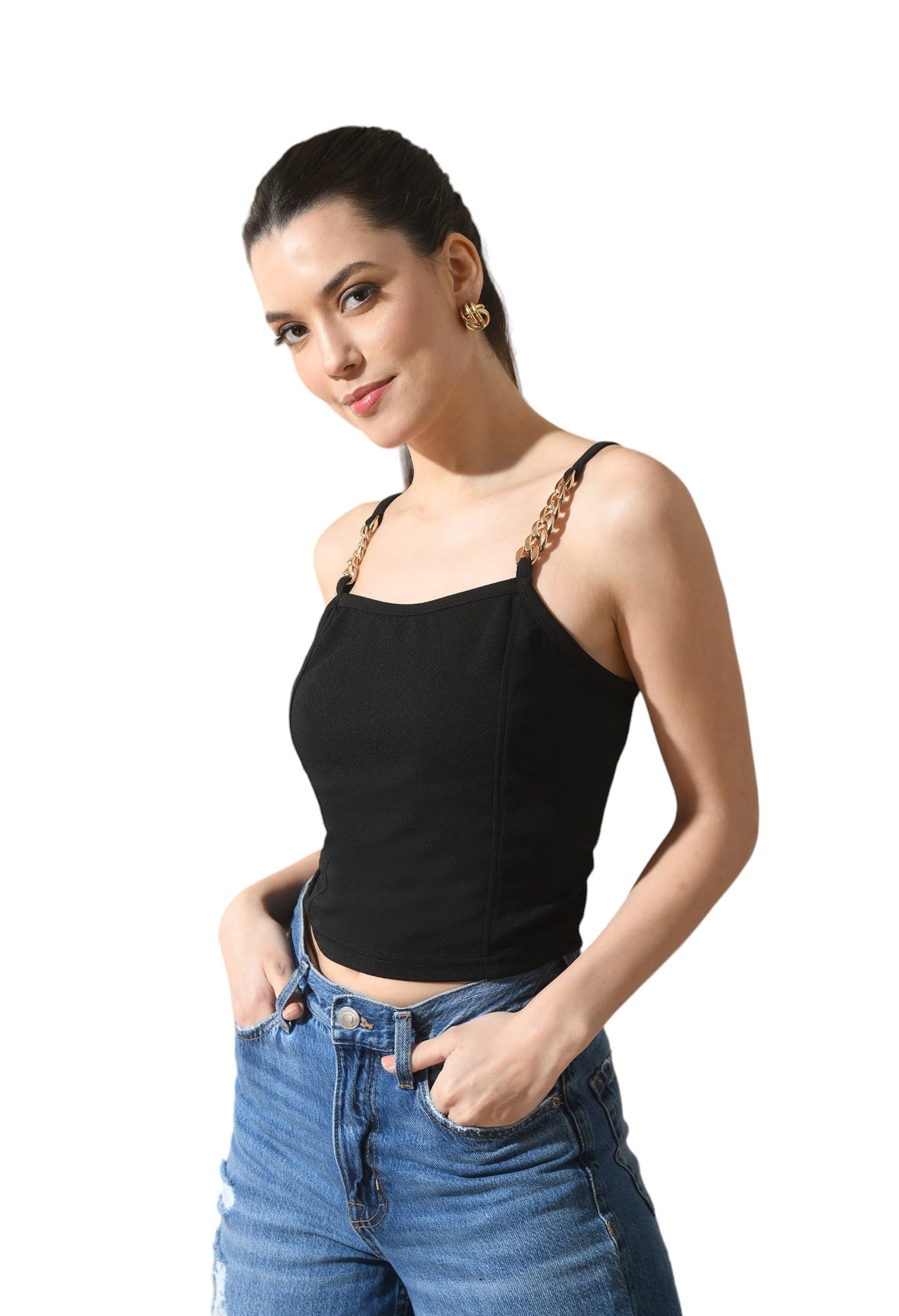 SAKSHI Sleeveless Spaghetti Strap Solid Round Neck Women's Top