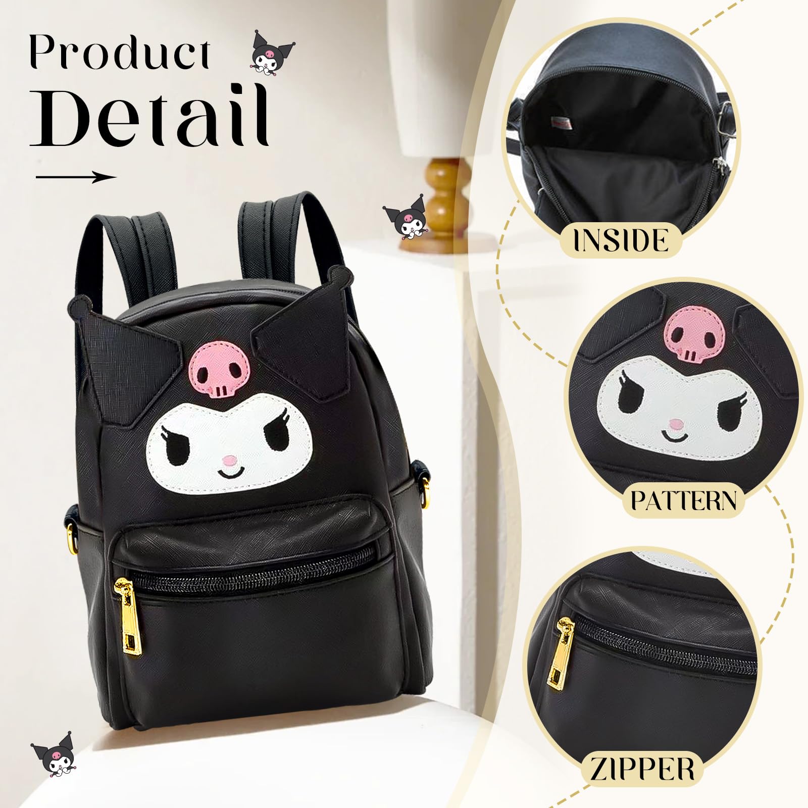 Kuromi Zaino Kawaii Kuromi pelle PU Accessorio per borse plastica My Melody, Sanrio per ragazze con piccola borsa carina Kitty Nero