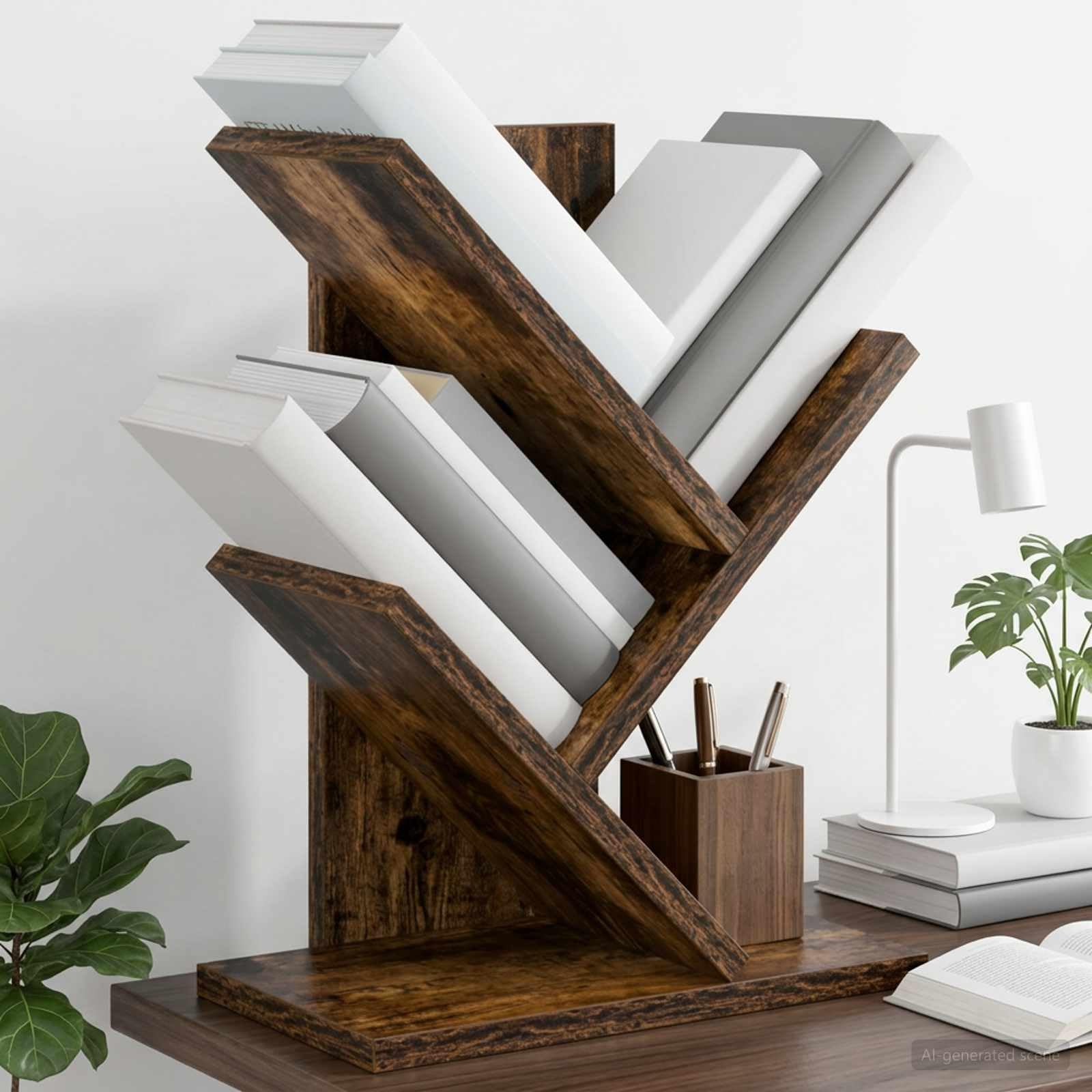 Étagère Arbre 3 Niveaux en Bois d'ingénierie Chêne fumé 30 x 18 x 40 cm Rangement pour Livres Romans dossiers classeurs Bureau Salon Chambre avec Compartiments exposant Objets déco