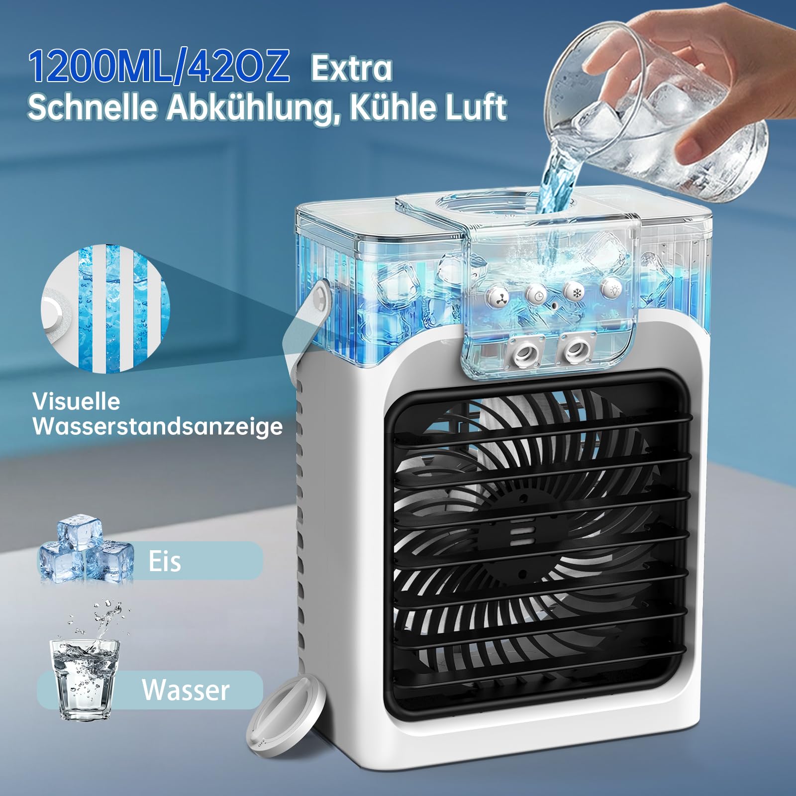Klimaanlage Mobil, 4-in-1-Mobile Klimageräte mit Fernbedienung/3 Geschwindigkeiten/3 Nebelmodi/1200-ml-Wassertank/2-8-Stunden-Timer/Nachtlicht, Klimaanlage ohne Abluftschlauch für Zimmer Büro Camping
