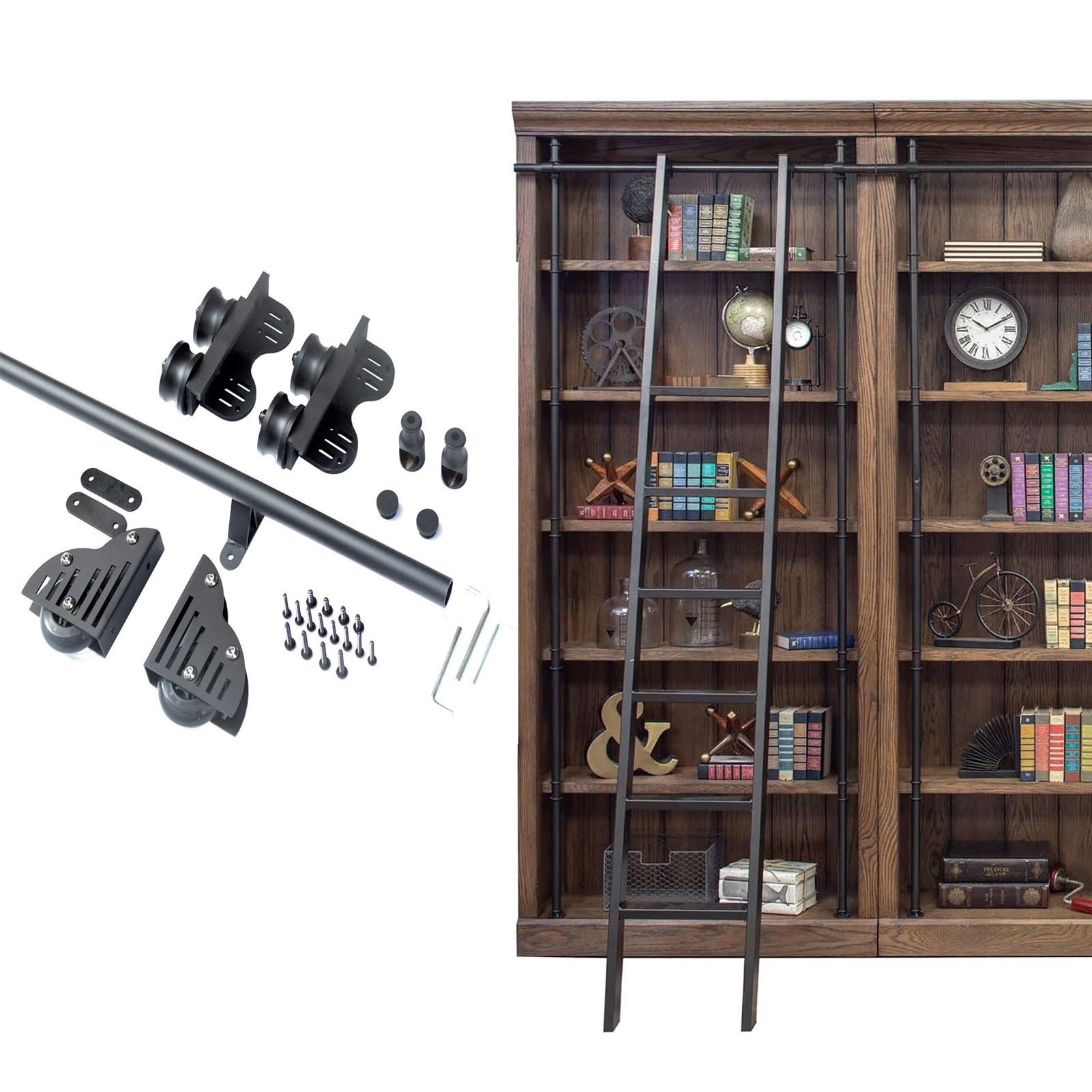 LWJSOCP Rolling Ladder Hardware Library Sliding Ladder Hardware Kit 3.3ft- 26.2ft Track/Rail(No Ladder), With Floor Roller Wheels, Black Steel Round Tube Mobile Ladder Tracks (Size : 13ft/400cm trac
