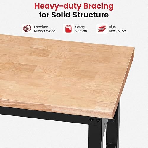 Miniatura 6 de Banco de trabajo con ruedas de 60 x 22 pulgadas, mesa de trabajo de madera de caucho resistente, mesa de trabajo de garaje de altura ajustable con