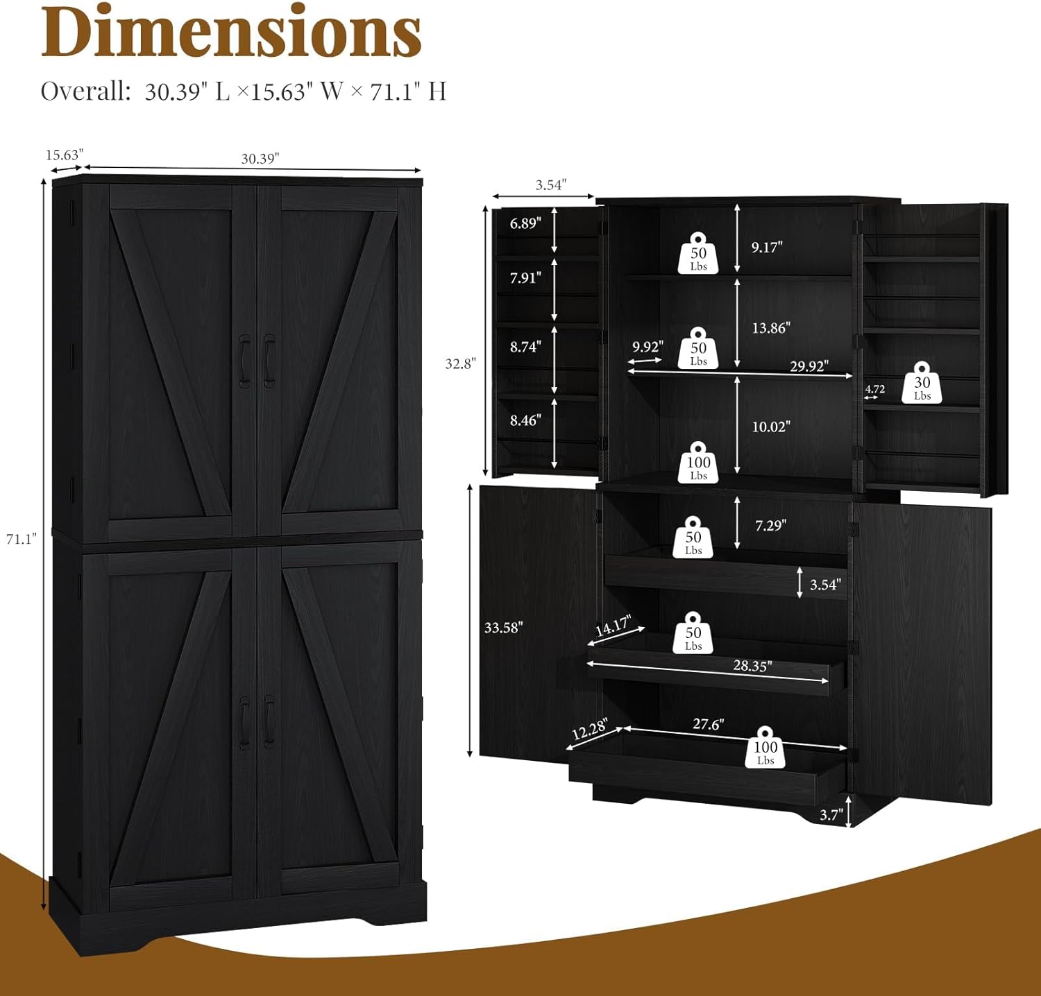 72" Kitchen Pantry Storage Cabinet, Kitchen Pantry Cabinet with Barn Door, Storage Cabinet with Drawers & Adjustable Shelves, Pantry for Kitchen, Dining Room, Black