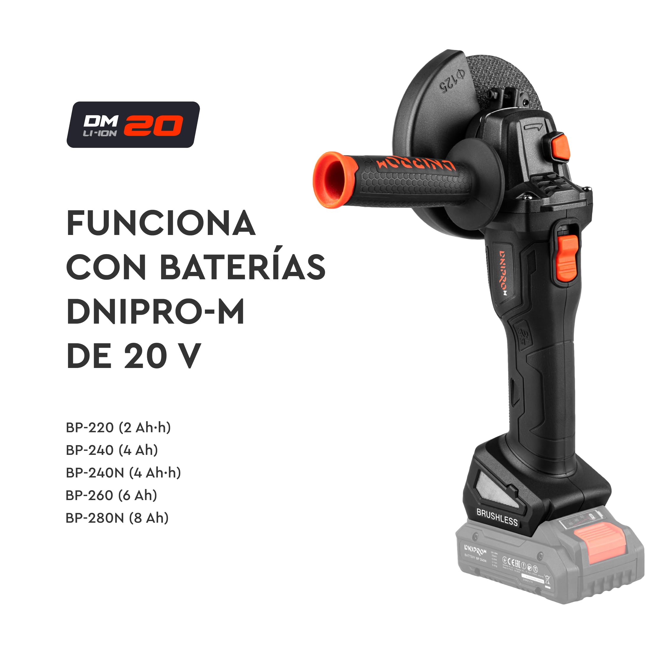 Amoladora Angular Inalámbrica DGA-202SBC 20V Brushless - Radial 125 mm con 6 Velocidades hasta 9.000 rpm, M14, Arranque Suave, Incluye Batería 6Ah y Cargador para Corte y Desbaste - por Dnipro-M