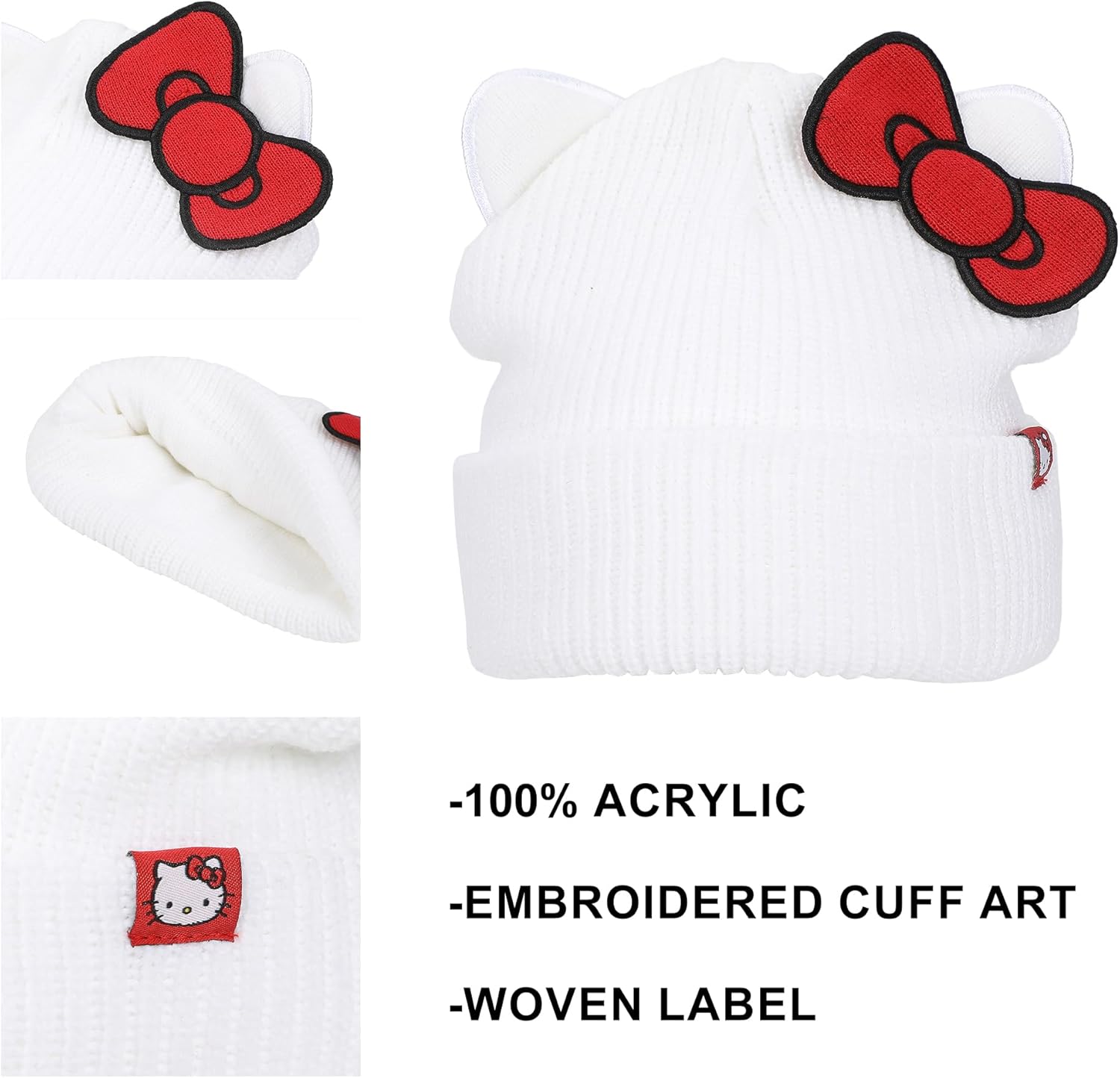 Hello Kitty Novelty Ear White Acrylic Beanie with Cut Fabric Bow with Embroidery and Red Woven Label Cuff Beanie - Image 2