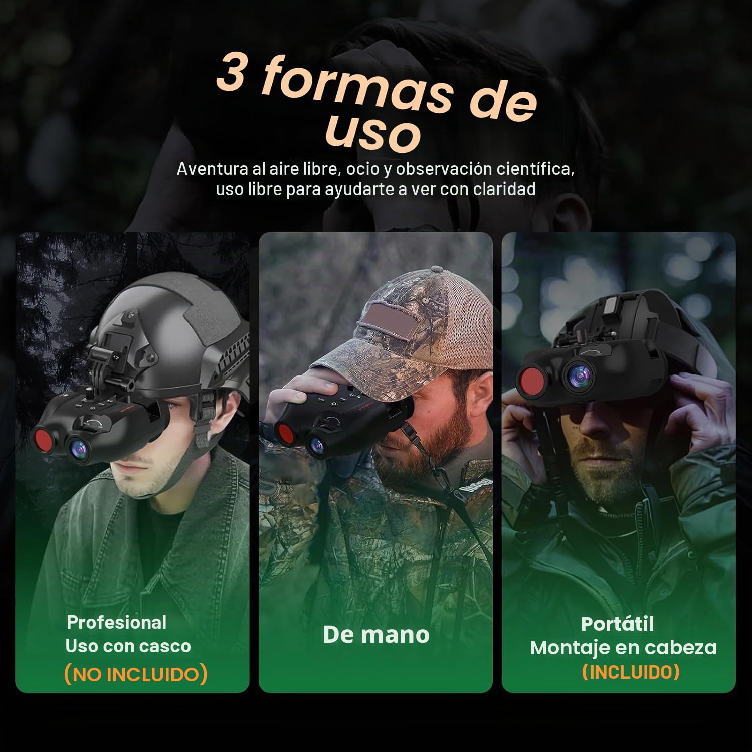 Gafas de visión nocturna montadas en la cabeza, prismáticos de visión nocturna manos libres, visión infrarroja digital recargable, captura de fotos y videos para airsoft, caza, con tarjeta TF de 32 GB