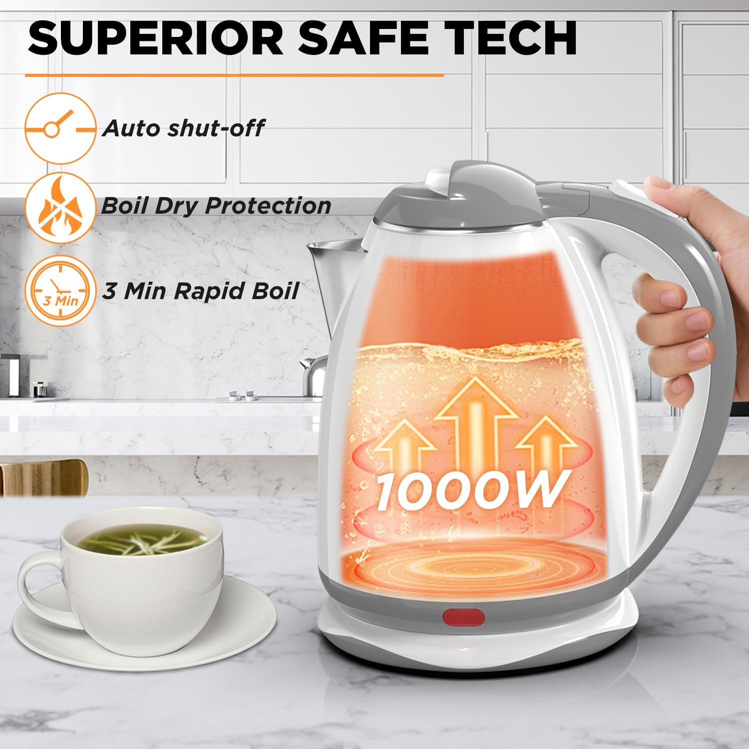 Electric Kettle, 1.8L Tea Kettle for Coffee & Tea, Fast Boil, Auto Shut-Off, White