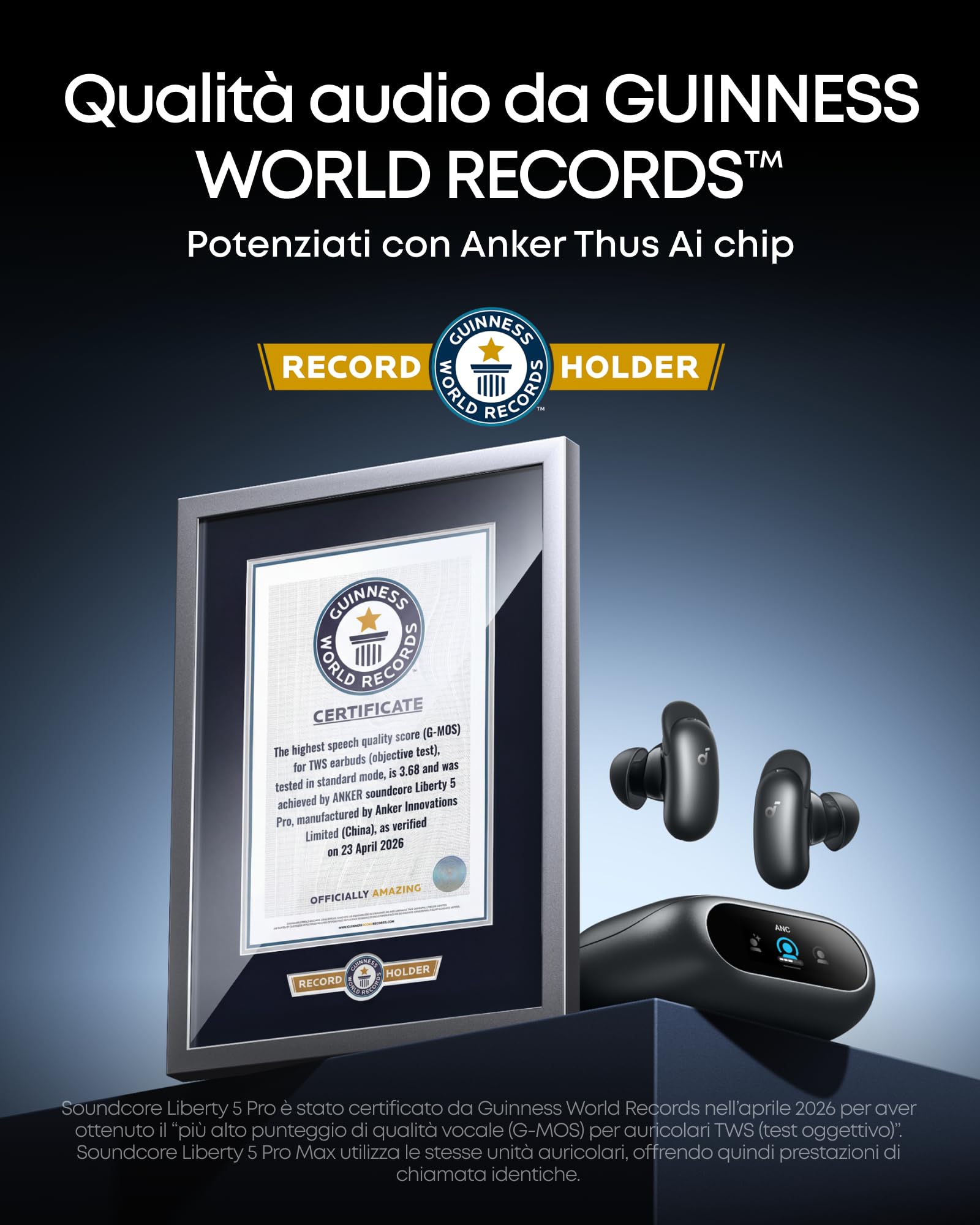 Soundcore Liberty 5 Pro di Anker, Qualità delle chiamate da Guinness World Records, Chip AI Anker Thus, Auricolari Bluetooth con Cancellazione Rumore Attivo, Dolby Atmos, LDAC, Batteria 28 Ore