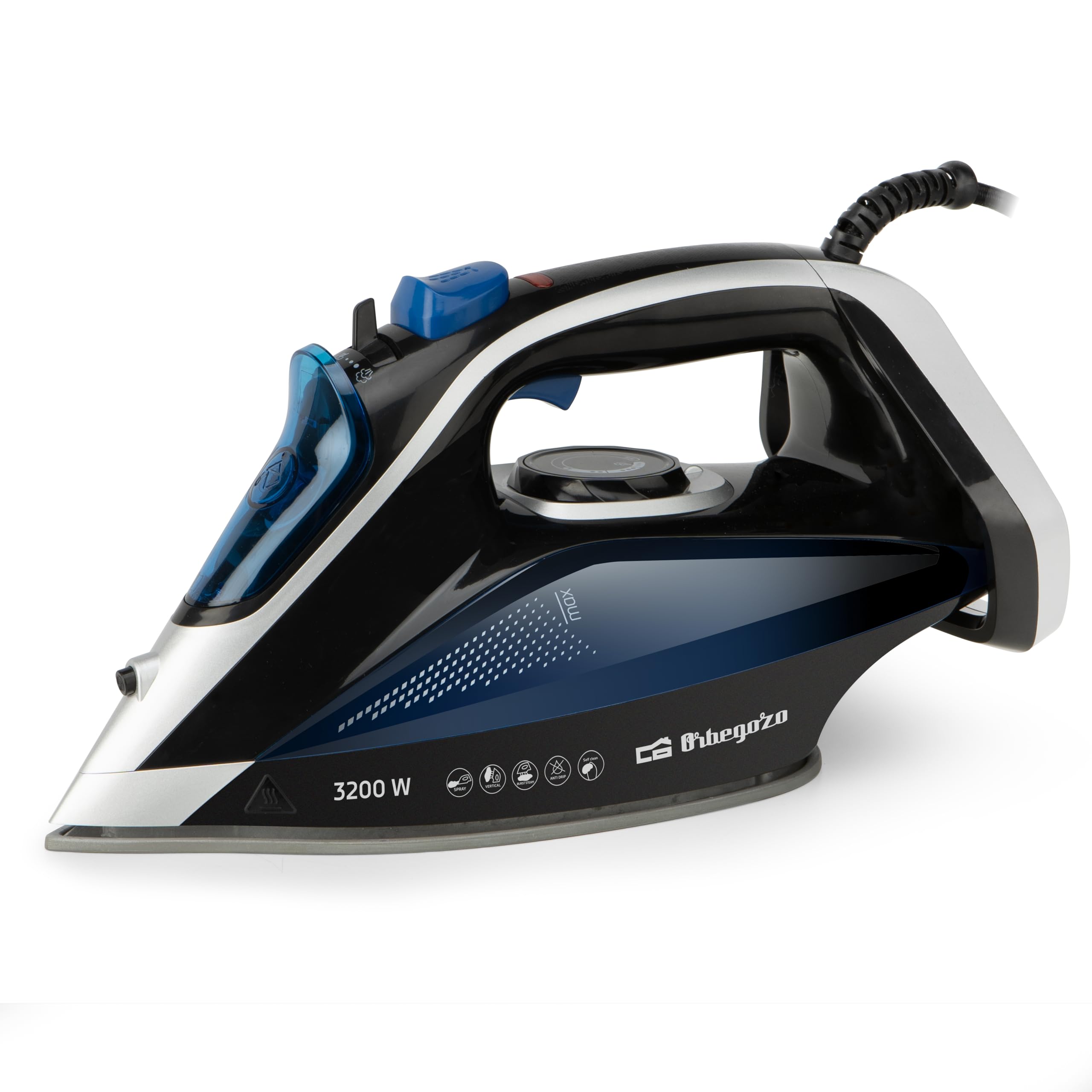 Orbegozo SV 3200 Plancha de Vapor 3200W, Vapor Continuo 45 g/min, Golpe de Vapor 220 g/min, Suela Cerámica con Punta de Precisión, Planchado Normal, Vertical y Seco, Sistema Anti Cal