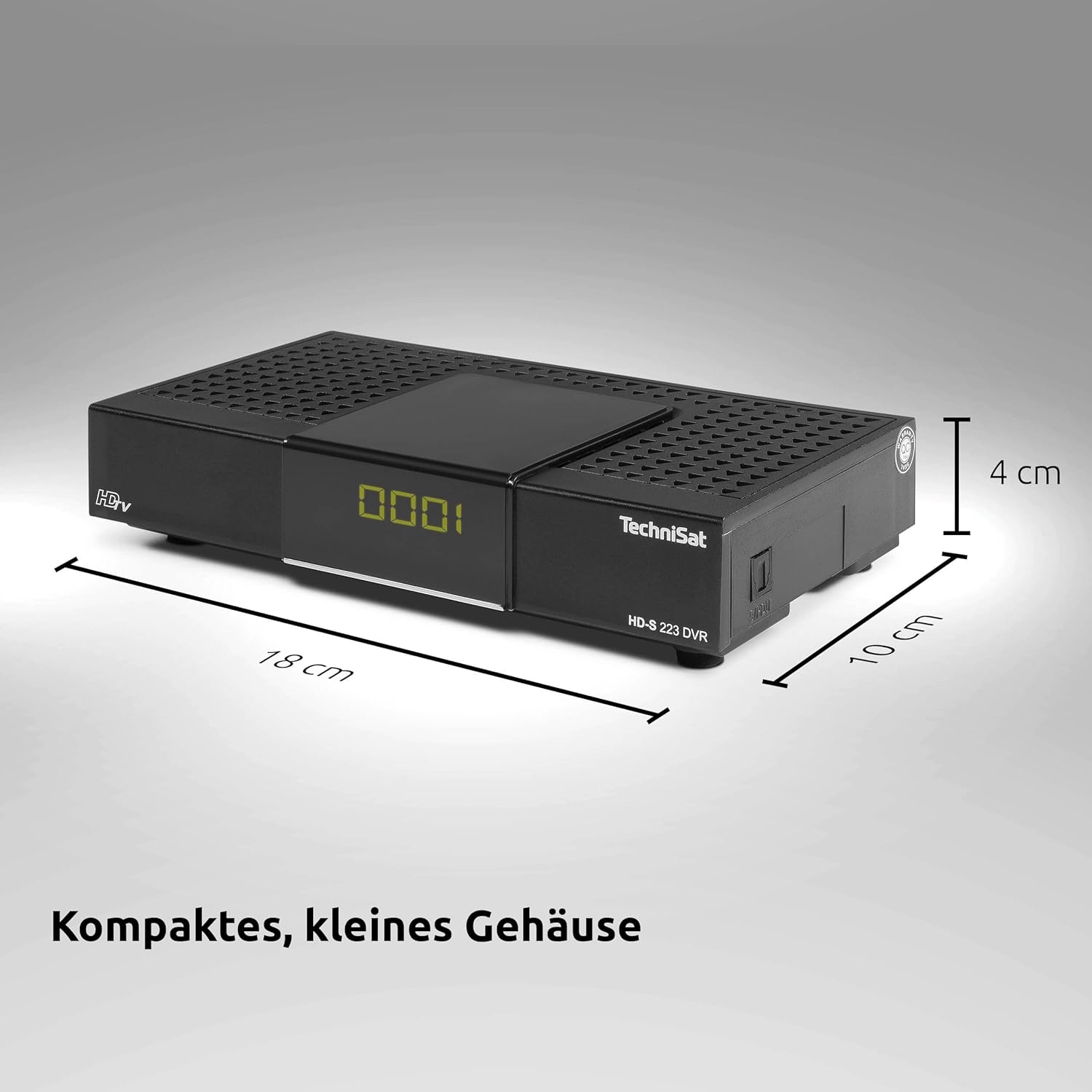 TechniSat HD-S 223 DVR receiver with dimensions labeled: 18 cm length, 10 cm depth, and 4 cm height.