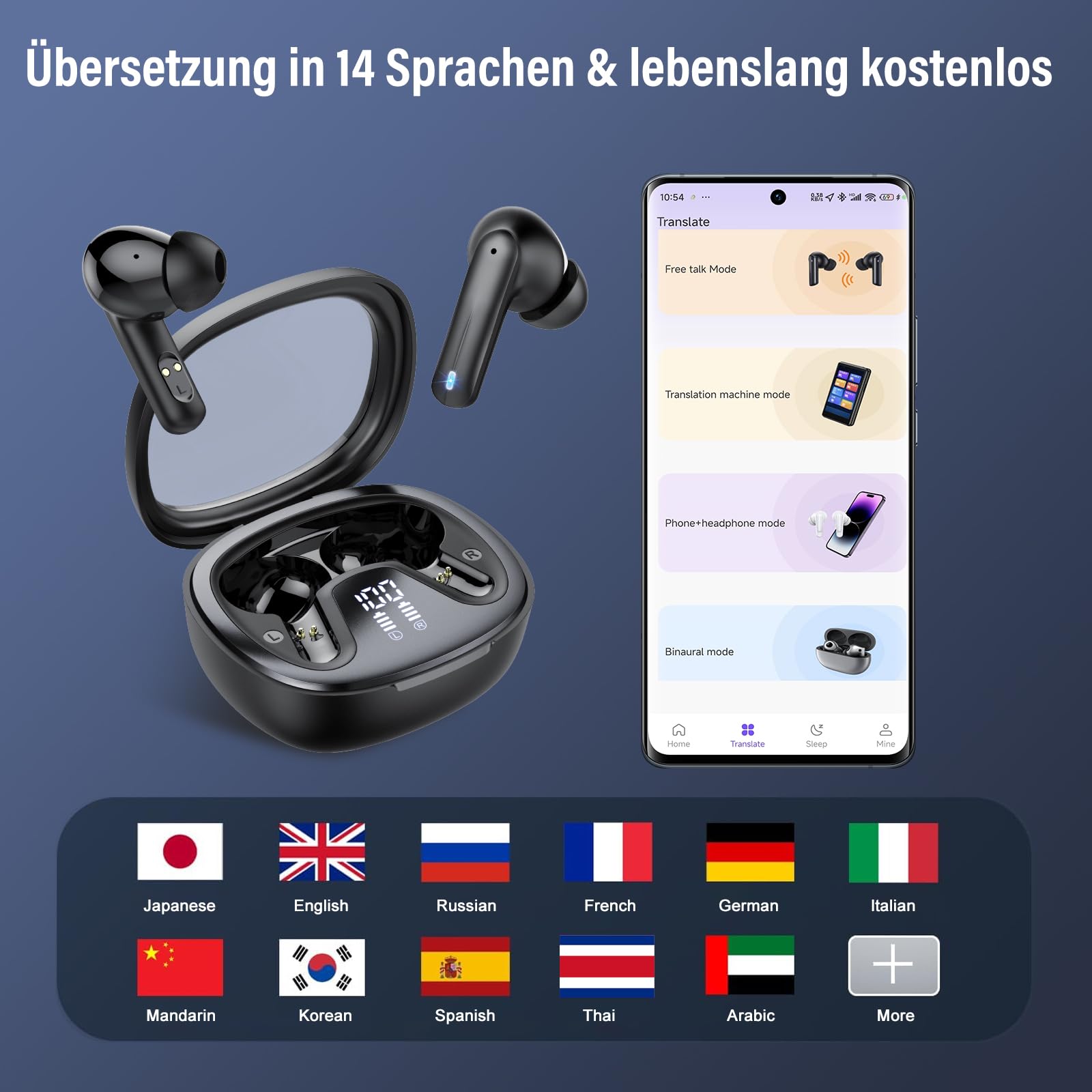 AI Kopfhörer Übersetzer, 3-in-1 Translator Earbuds, Bluetooth Sprachübersetzer 135 Sprachen mit App, 50Std, 5Übersetzungsmodi Echtzeit Übersetzer Ohrhörer für Lernen, Reisen, Business,Schwarz