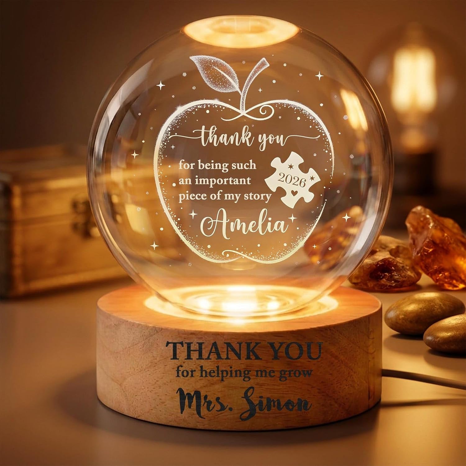 Custom Engraved Crystal Ball Night Light for Teachers, Personalized Appreciation Gift, Decorative Classroom Accent, Thank You Gift for Mentor, End of Year Present