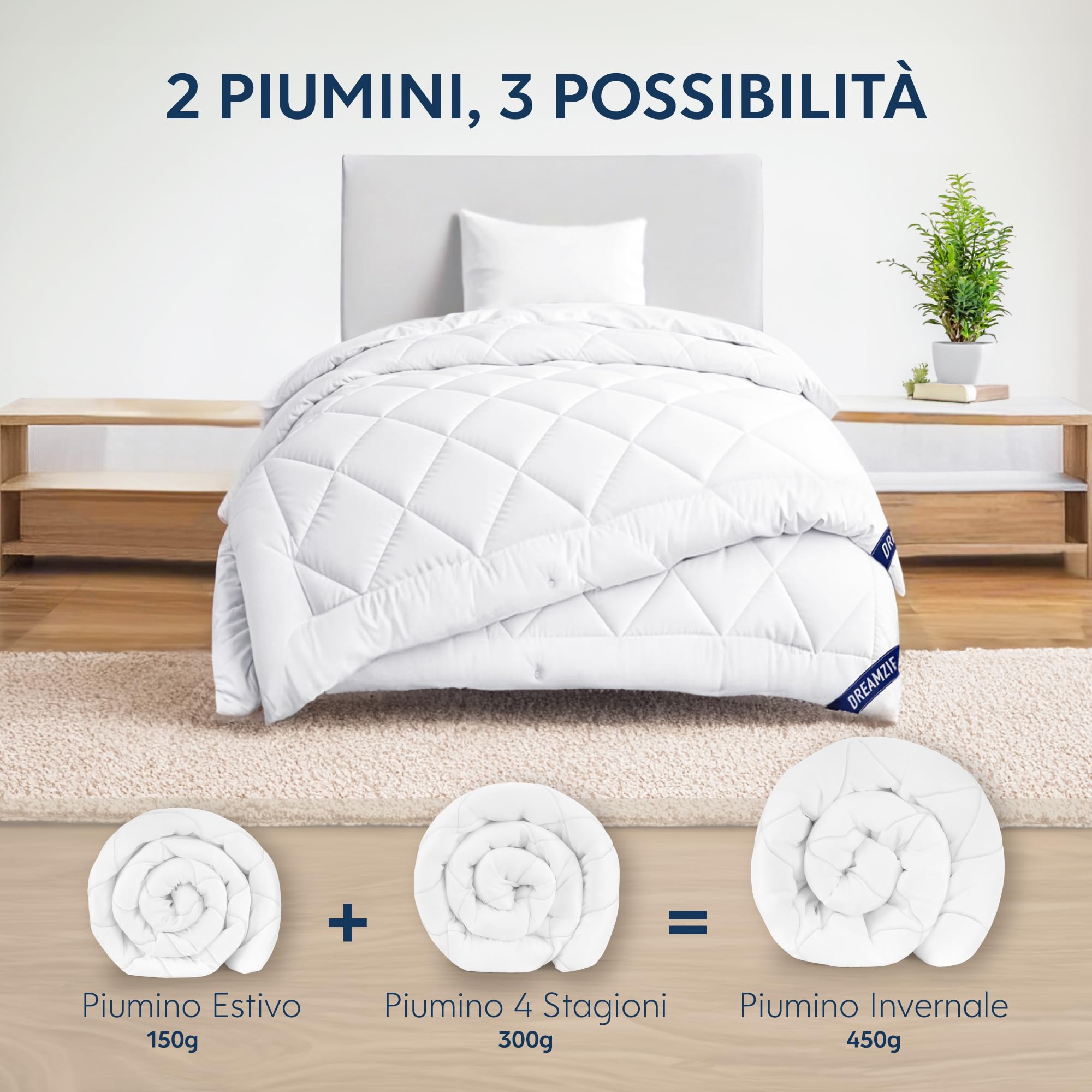 Dreamzie Piumino Letto Singolo Invernale 155x200 - Piumone 4 Stagioni 155 x 200 cm - Coperta Trapunta 155x200 di Microfibra Sintetico