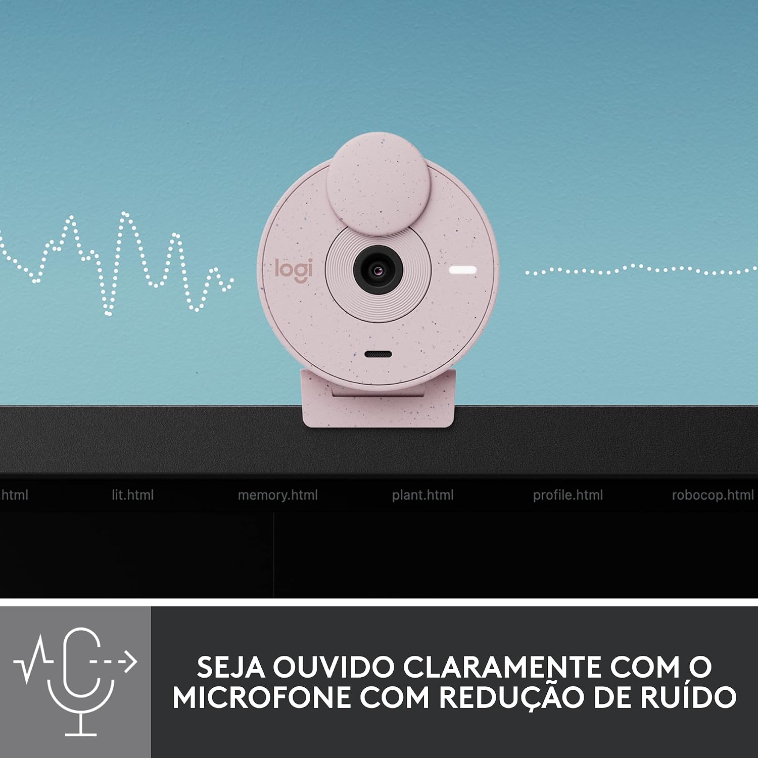 Imagem frontal do produto com fundo azul claro e gráfico de onda sonora branco estilizado.