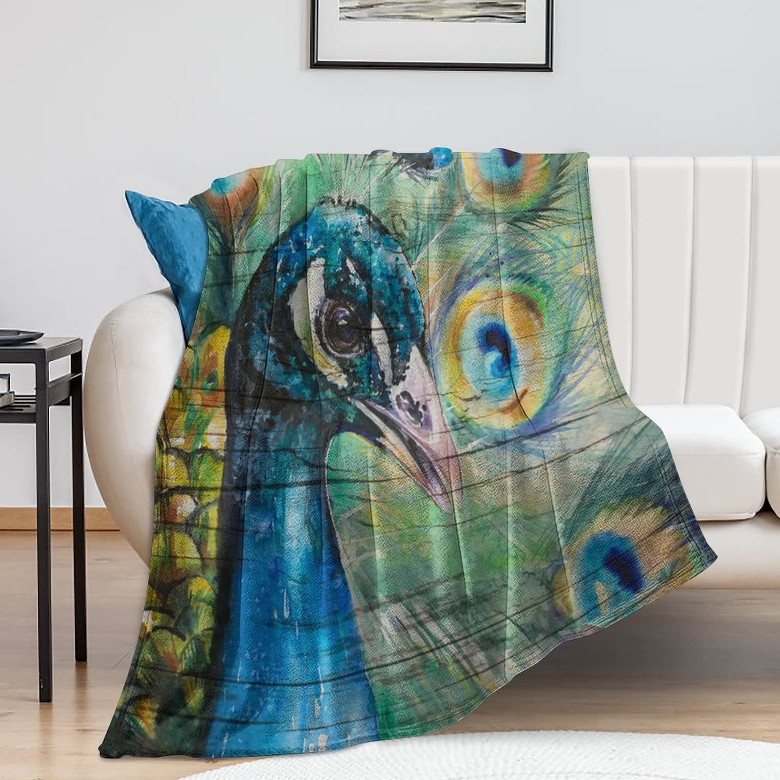Plaid paon rétro en peluche pour vos soirées cocooning et voyages en voiture