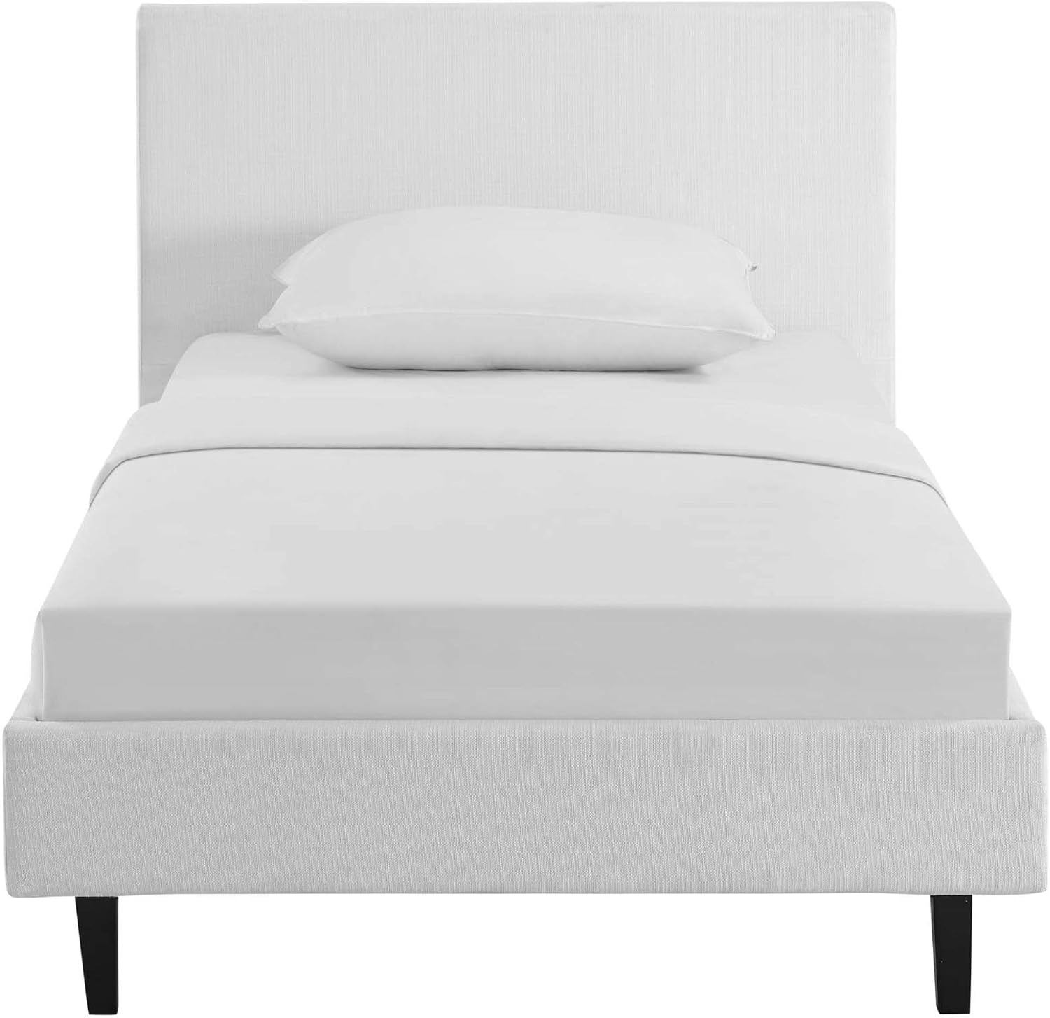 Ergode Anya Platform Bed | Avant-Garde Design | Upholstered Headboard | Solid Wood Legs | Slatted Support System | Twin Size | White