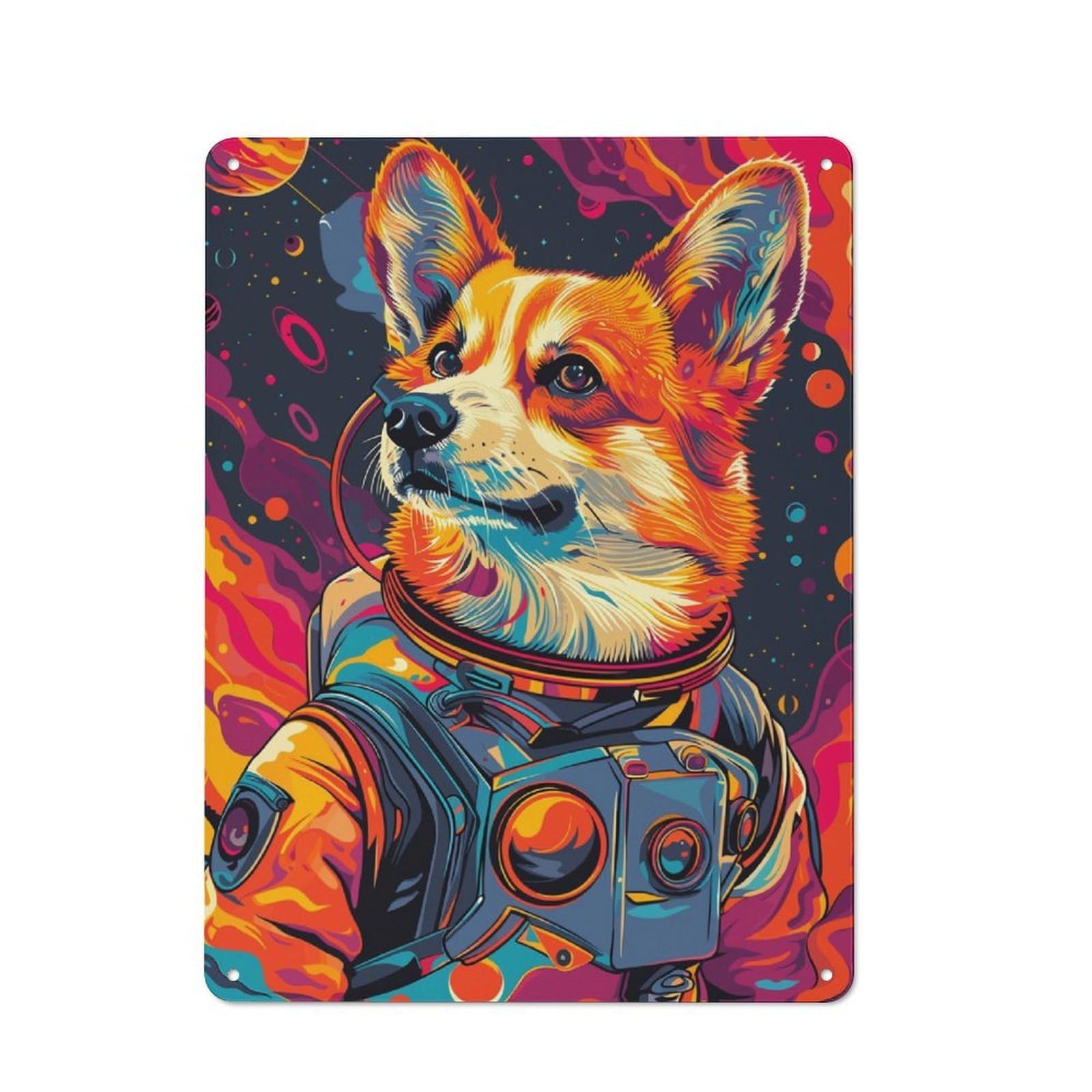 Junmoney Astronaut Space Corgi Retro Tin Wall Plaque 40X30cm Featuring For Pub Or Café, New-Space Wall Decor For Pub Decor Enthusiasts