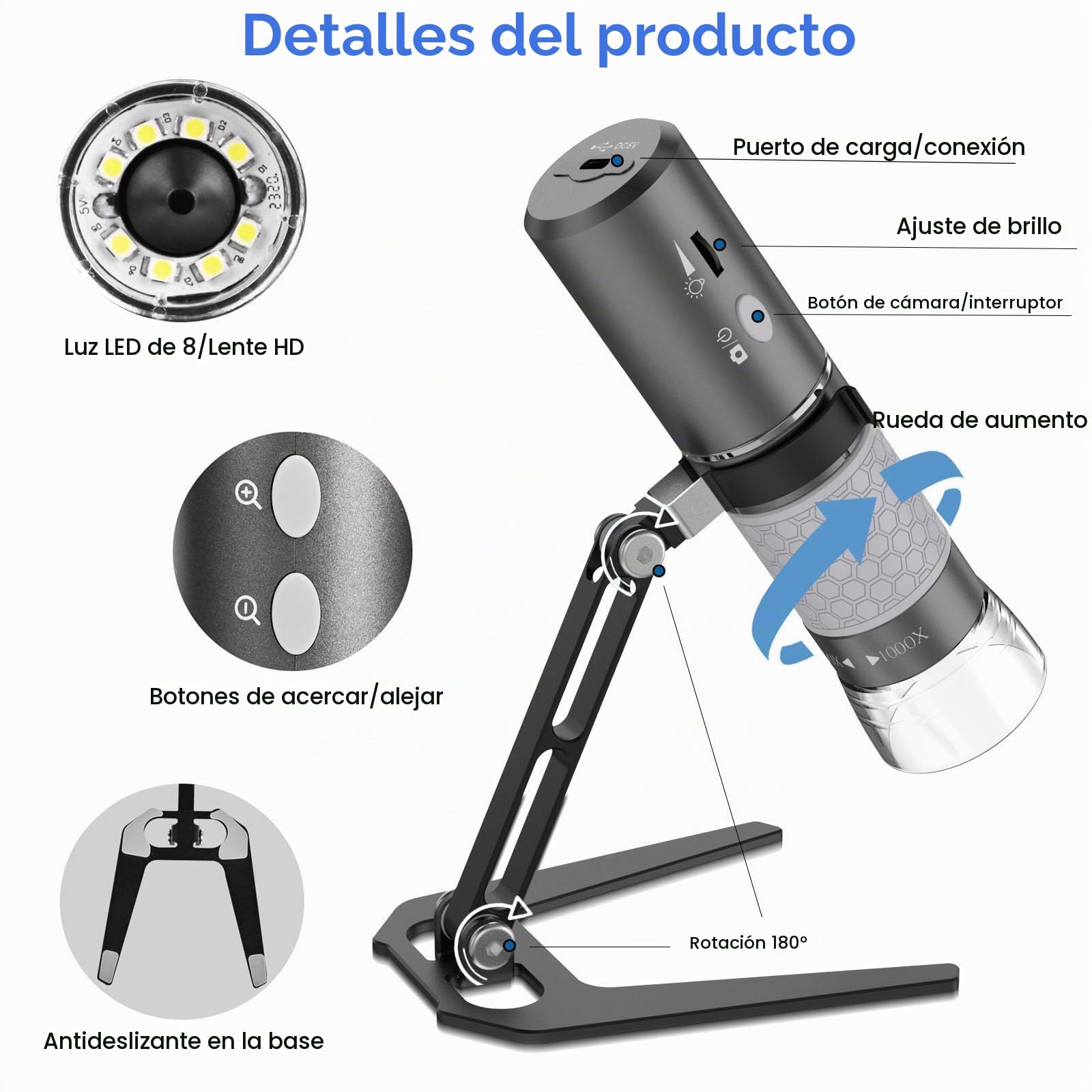 Microscopio Digital WiFi Mostanne, Microscopio Portátil Inalámbrico 4K con Cámara HD y Aumento de 50X-1000X con Soporte Ajustable, Compatible con Teléfonos Inteligentes, iPad, Mac y PC con Windows
