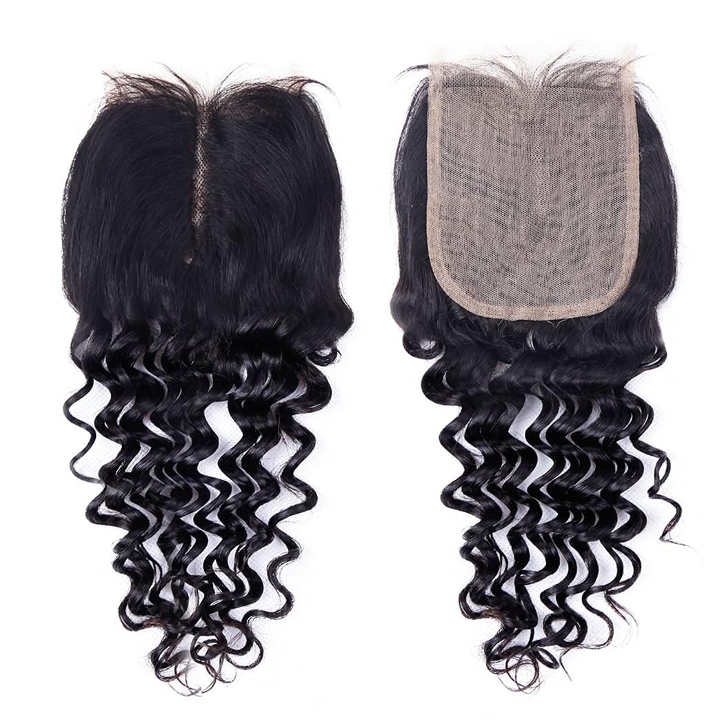 Odir Deep Wave Human Hair Bundles with Closure 10 12 14+10 Inch Unprocessed 9A Brazilian Deep Curly Wave Virgin Hair 3 Bundles with 4x4x1 T-Part Lace Closure Natural Color 70g/Bundle