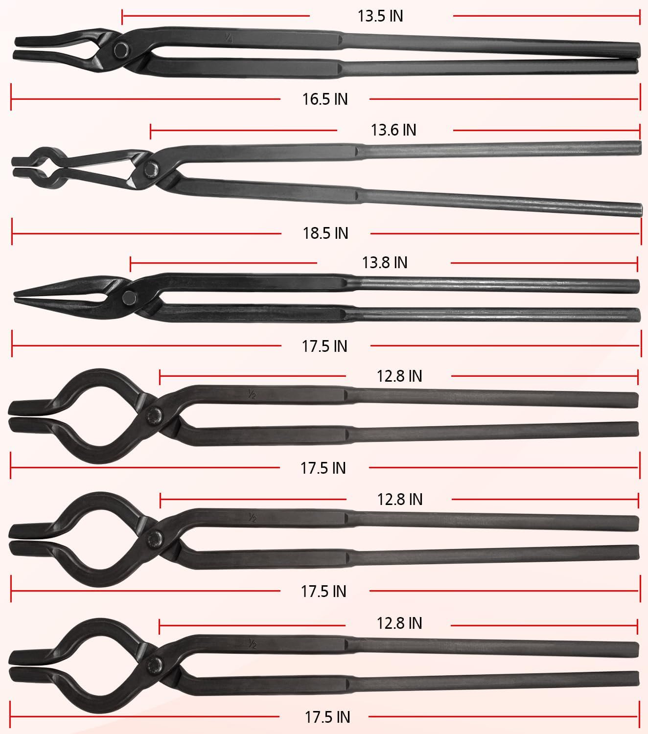 Yoursme Beginner Blacksmith Tongs Set: 1/4 Flat Jaw, Pick Up, Scroll, 3/8, 1/2, 5/8 V-Bit Tongs (6PCS Steel, Black)