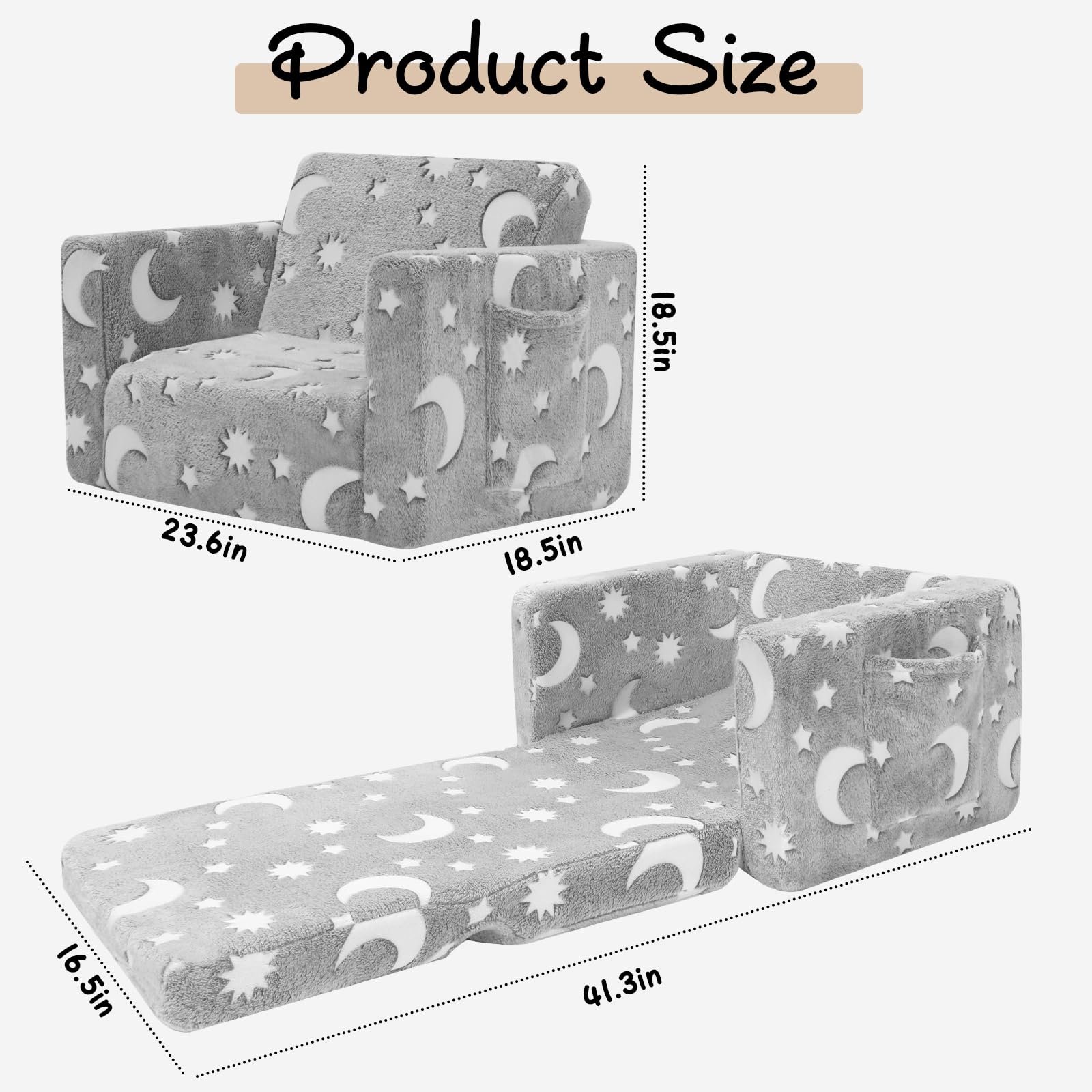 SLIGUY Kanapa dla niemowląt, rozkładana sofa dla dzieci, sofa dla malucha, rozkładana sofa na leżak, świecąca w ciemności sofa krzesło dla chłopców i dziewcząt (rozmiar M)