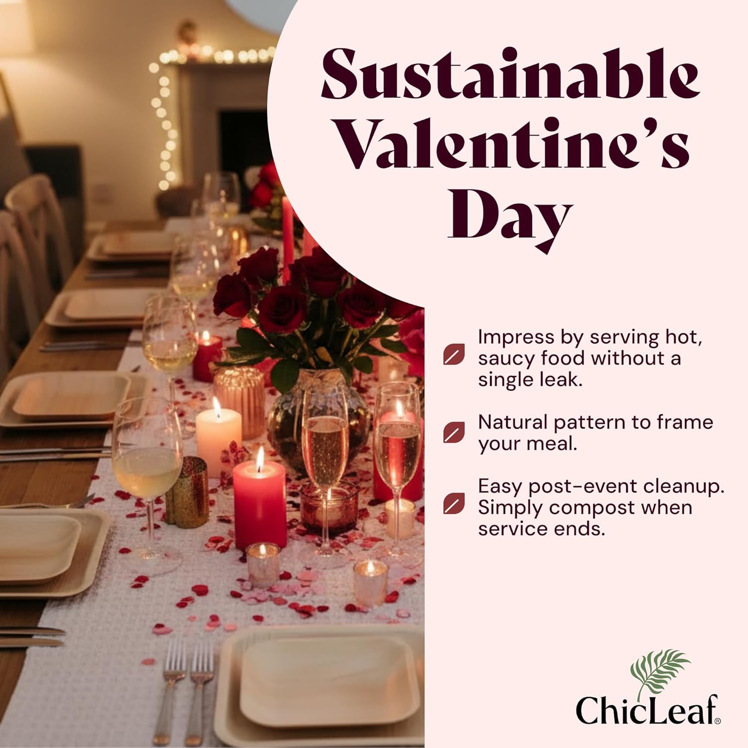 Chic Leaf Compostable & Biodegradable Palm Leaf Disposable Bamboo Plates - Disposable Party Plates for Appetizers - Valentine's Romantic Dinner Table, Reusable Supplies (10 & 7 Inch Square) - Image 3