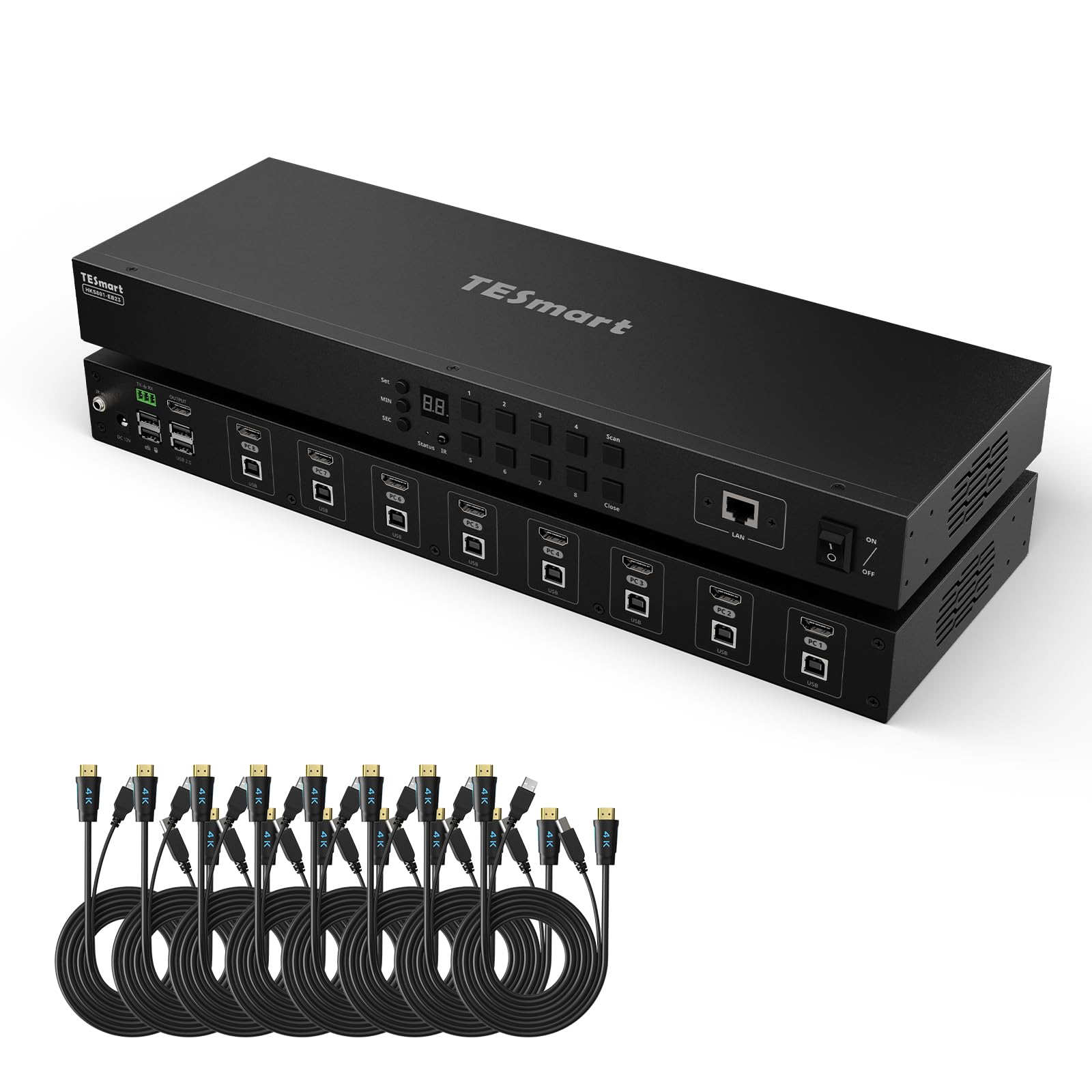 TESmart 8X1 HDMI KVM Switch, 8 Port Rack-mountable KVM Switch, 4K@30Hz USB2.0 KVM Enterprise-Grade, Support EDID Emulator | Auto Scan | Hotkey Switch | IR Remote| RS232 | IP Control (HKS801-EB23)