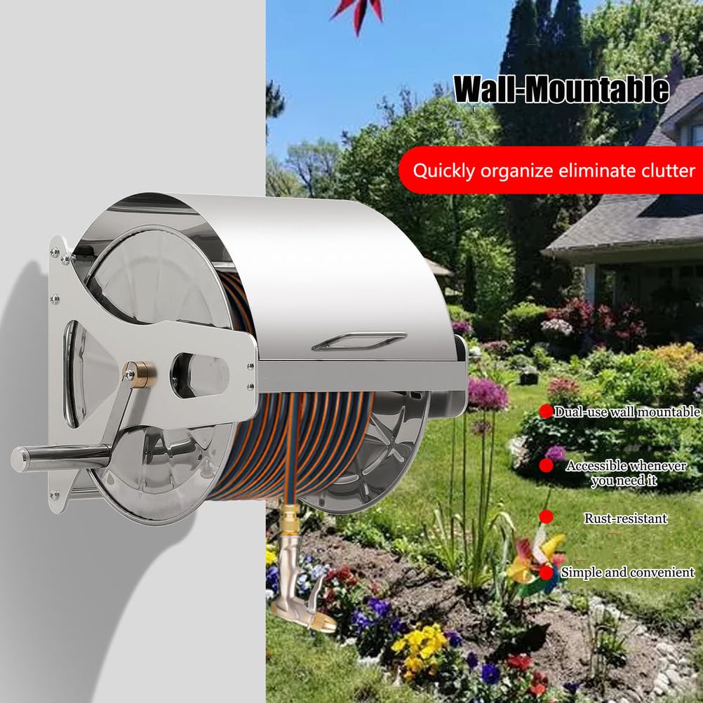 Carrete de manguera de jardín de acero inoxidable con manguera de 20 m y pistola de agua para riego eficiente de plantas, cuidado del césped, lavado de autos y uso en patio
