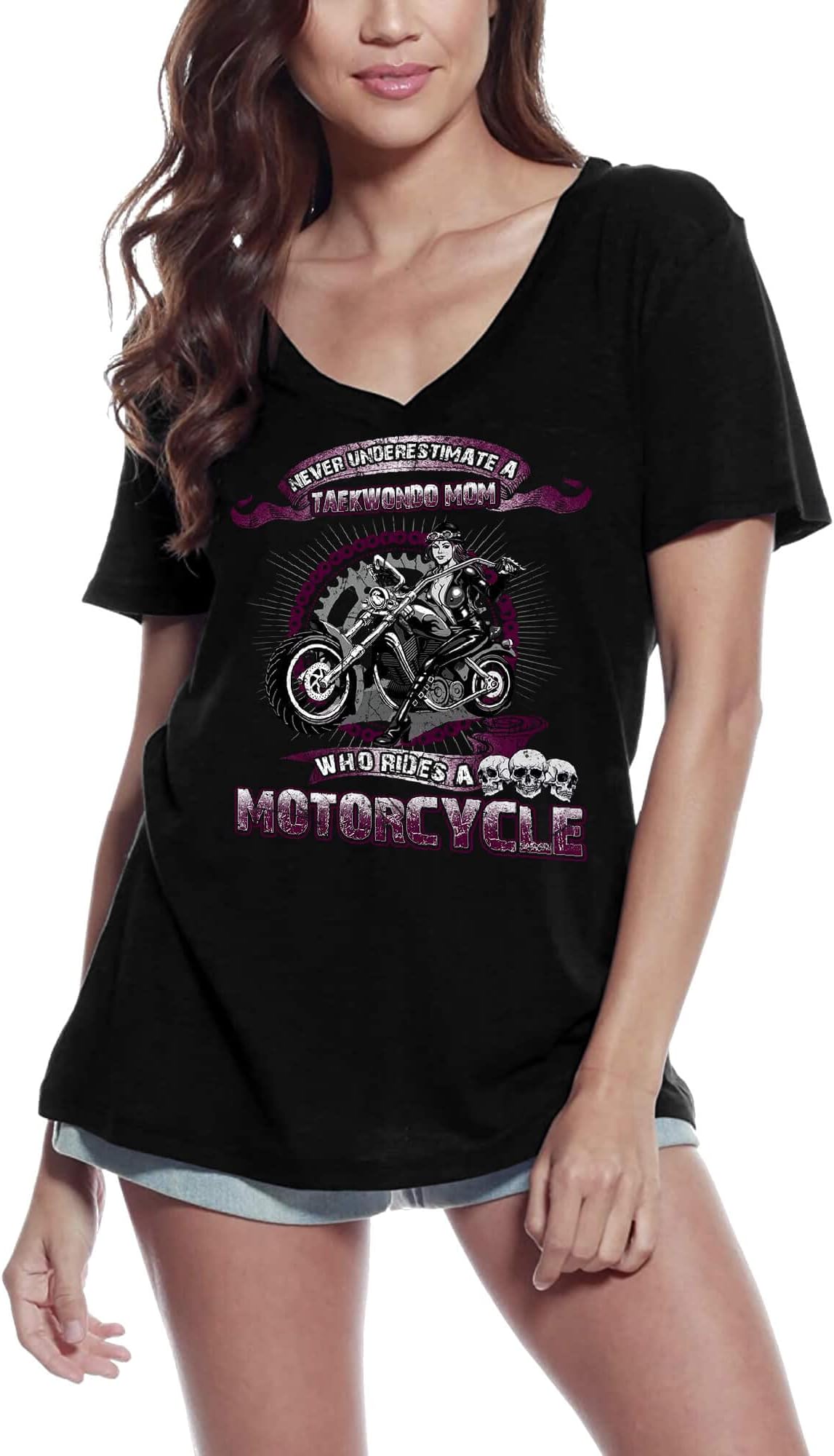 Women's Graphic T-Shirt V Neck Never Unterestimate A Taekwondo Who Rides A Motorcycle Eco-Friendly Ladies Limited Edition Short Sleeve Tee-Shirt Vintage Birthday Gift Novelty