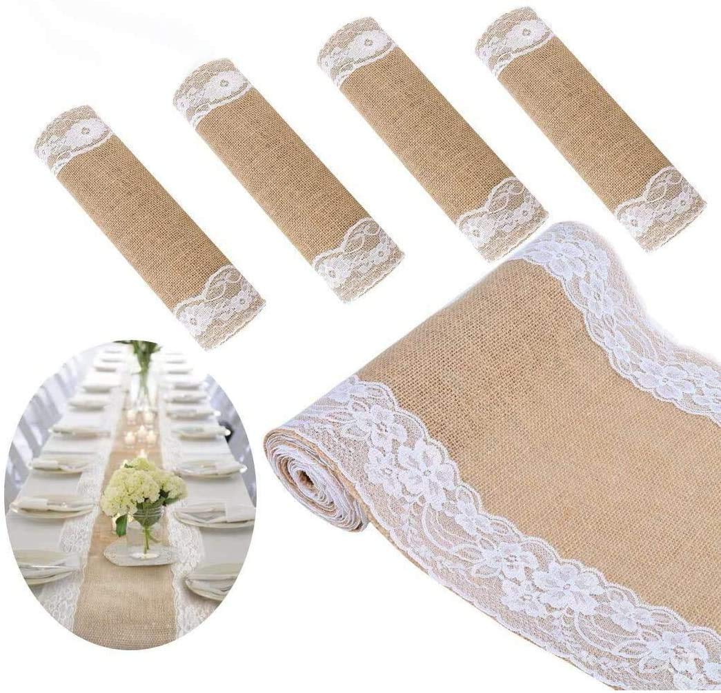 5PCS 30x275CM Jute-Tischläufer im Vintage-Look, Spitze Hessischen Tischband für Hochzeitsgeschenk Festival-Ereignis Tischdekoration Fest Party Feier Bevorzugte