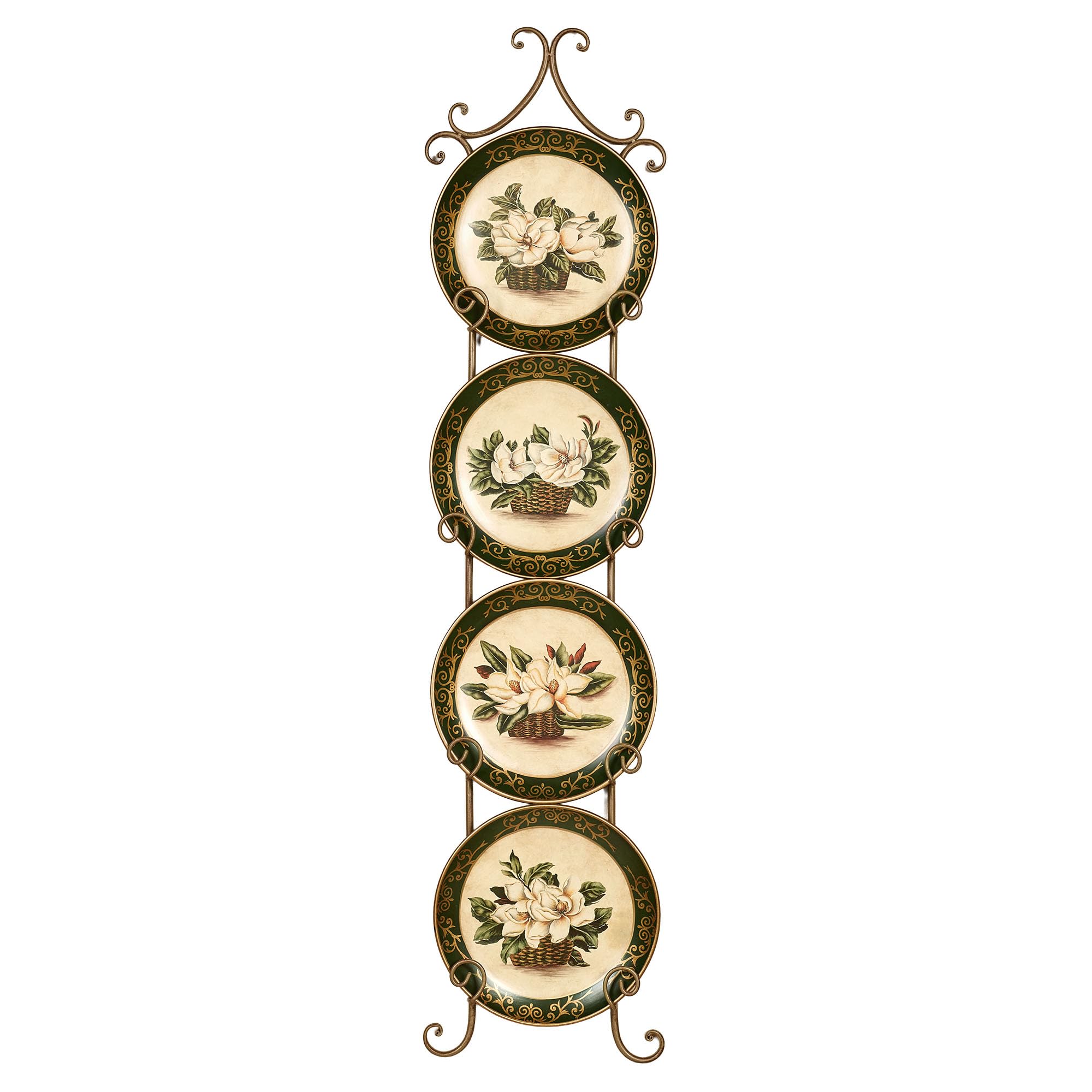 Touch of Class Magnolia Floral Decorative Plates Set of Four - Ceramic - Ivory, Dark Green, Gold - Table or Wall Accents for Dining Room, Kitchen,