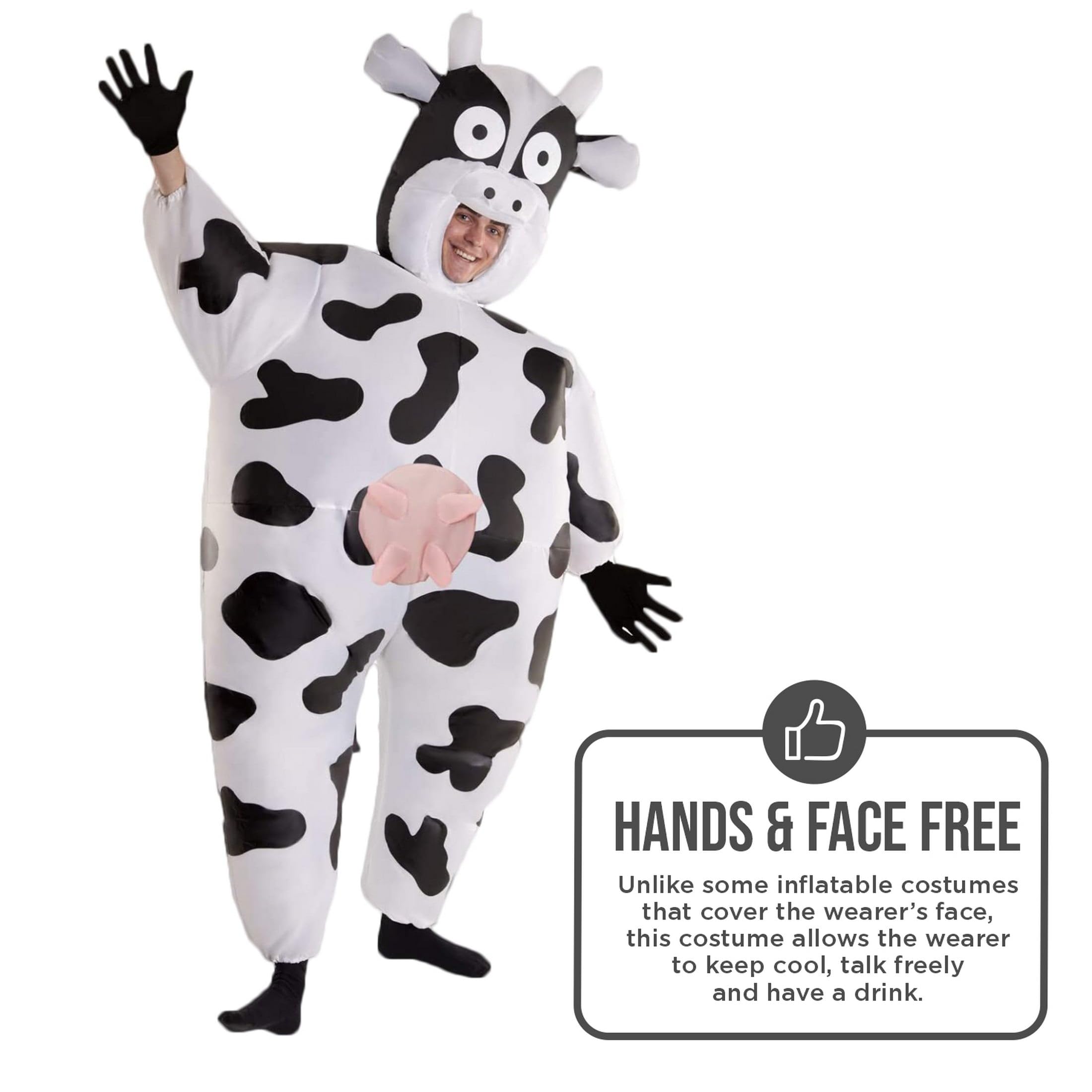 MORPH Disfraz Vaca Hinchable Adulto, Disfraces Vaca Mujer, Disfraz Inflable para Carnaval y Halloween, Talla única | Traje Blanco con Manchas & Guantes, Ventilador de Batería, Se Infla en Segundos, Perfecto para Halloween, Siempre un Éxito