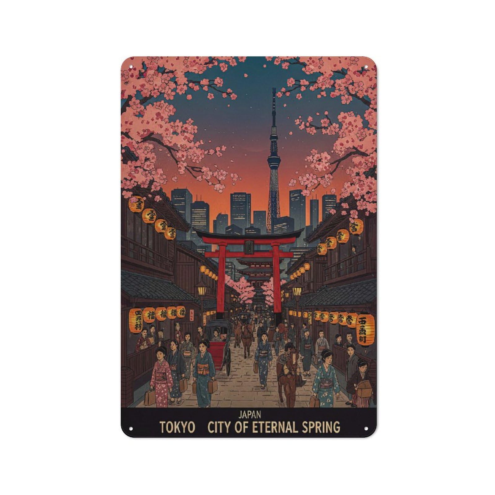 Junmoney Style-8 Vintage Metal Sign 30X20cm Featuring Tokyo Cityscape With Cherry Blossoms(2) For Pub Or Café, Wall Decor For People Reorganising Pub And Café