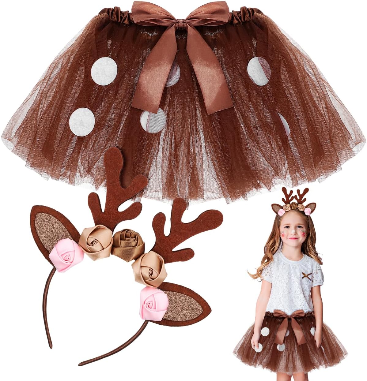 DOITOOL Reindeer Costume Kids, Reindeer Tutu Deer Headband, Christmas Costume Girls Antlers Headband for Christmas Fancy Dress Up Animal Cosplay Outfit