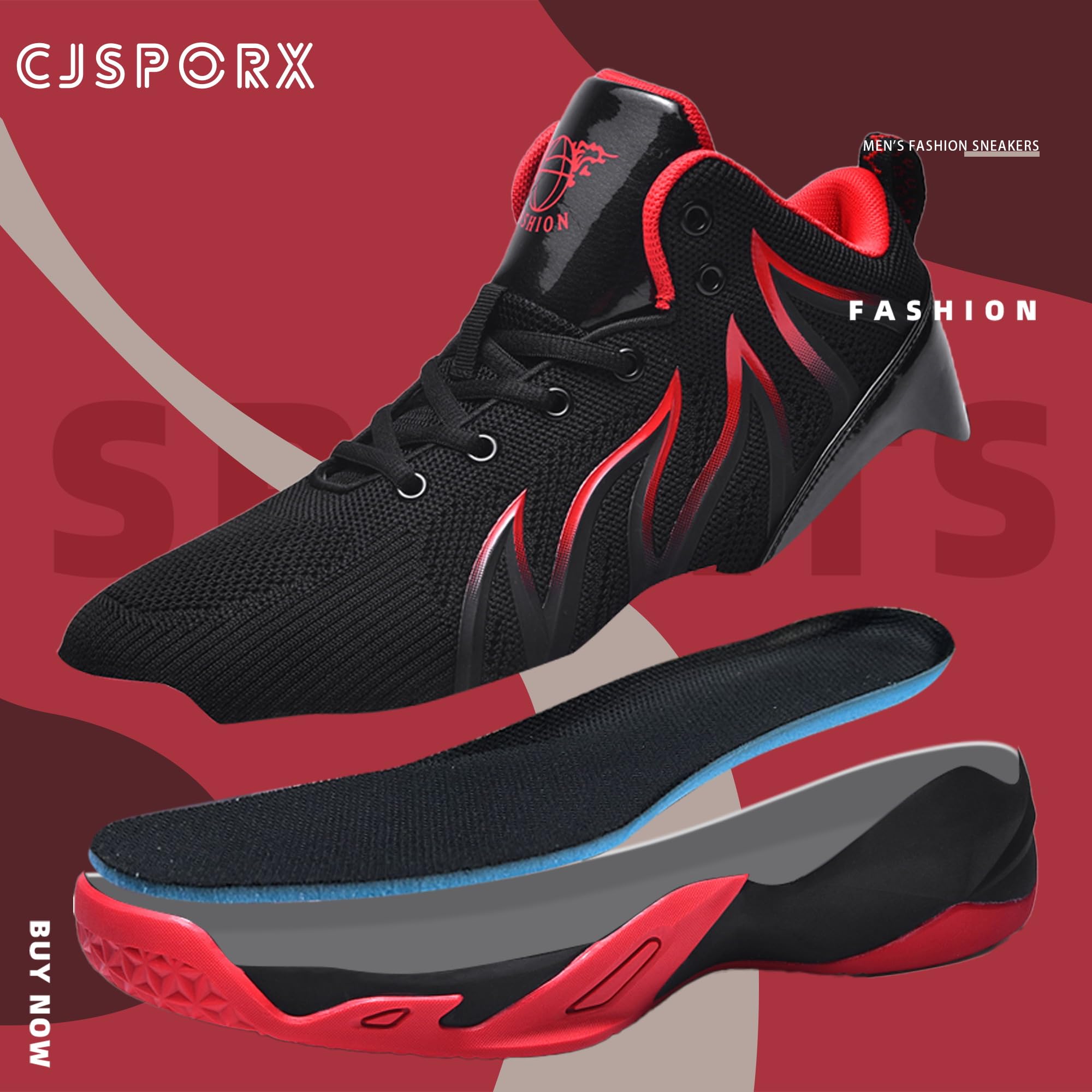 CJSPORX Mens Basketball Shoes Anti Slip Fashion Sneakers Zapatos de Hombre Black&Red-3 Size 10