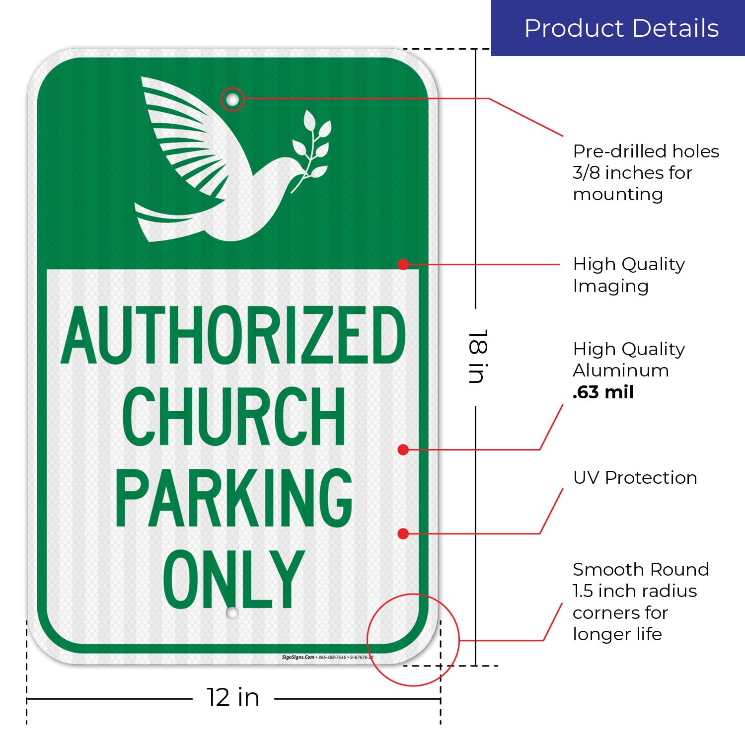 Authorized Church Parking Only with Graphic Sign, 12x18 Inches, 3M EGP Reflective .063 Aluminum, Fade Resistant, Made in USA