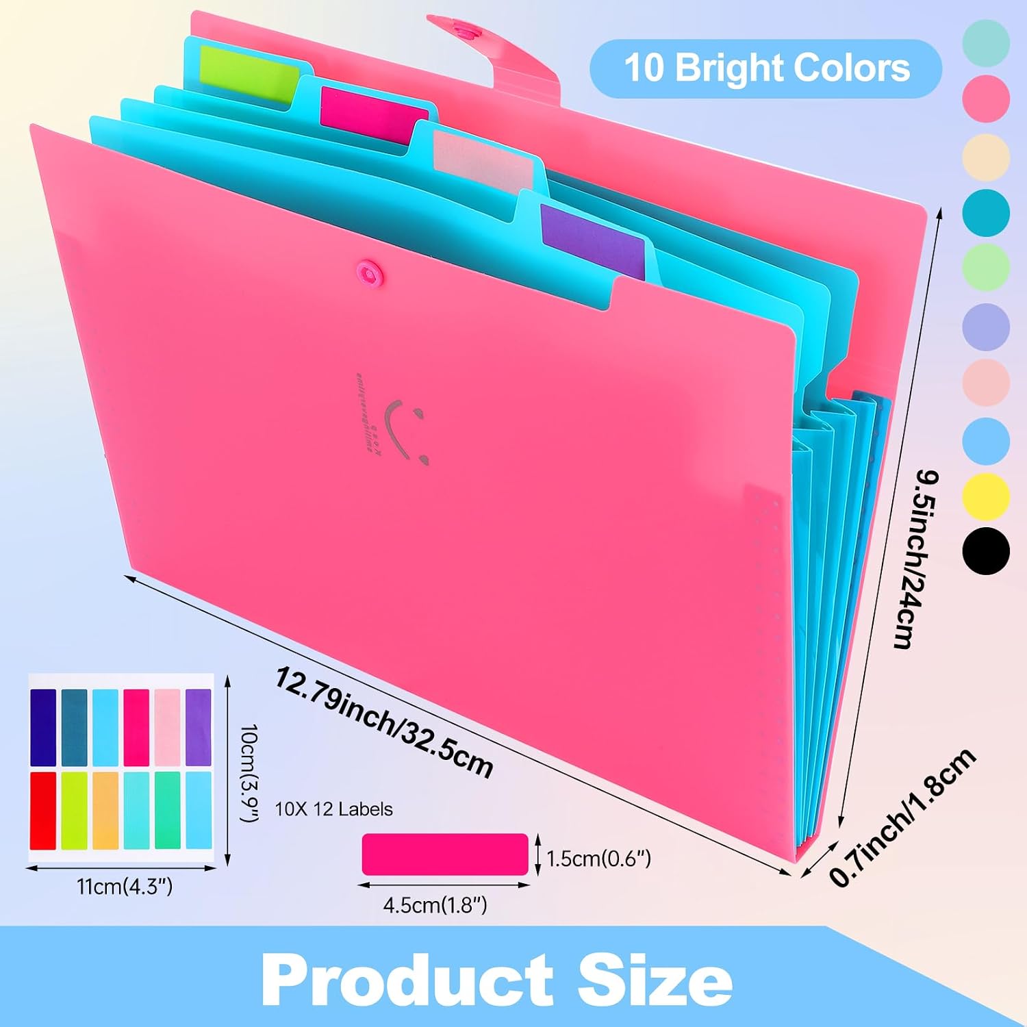 Expanding File Folders with 5 Pocket,A4 Letter Size Accordion Document Organizer,Plastic Expandable File Folder with Snap Closure, 120 Labels in 12 Colors for Office Supplies, Pack of 10
