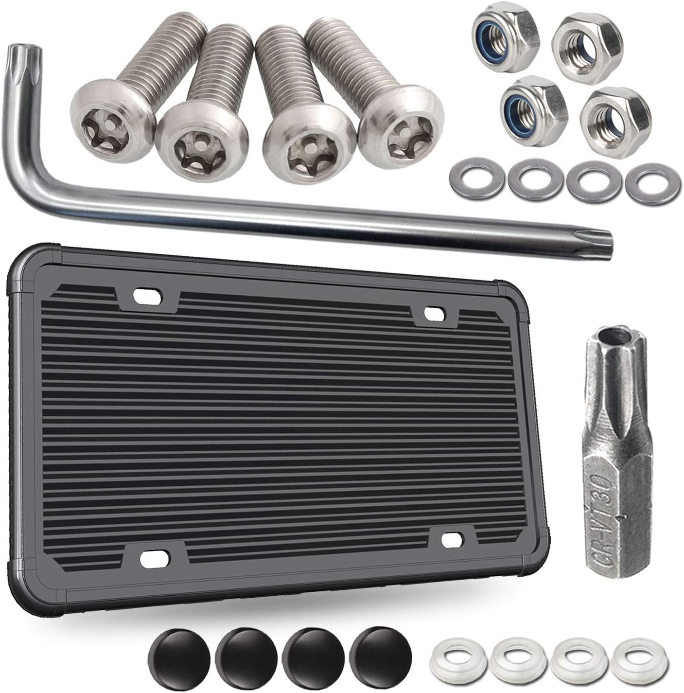 Silicone License Plate Frame-Black Car Tag Holder with Anti Theft Car Plate Screws for Front or Rear, Security Bracket Mount Kit- Stainless Steel Screws Bolts, Fastener, Caps