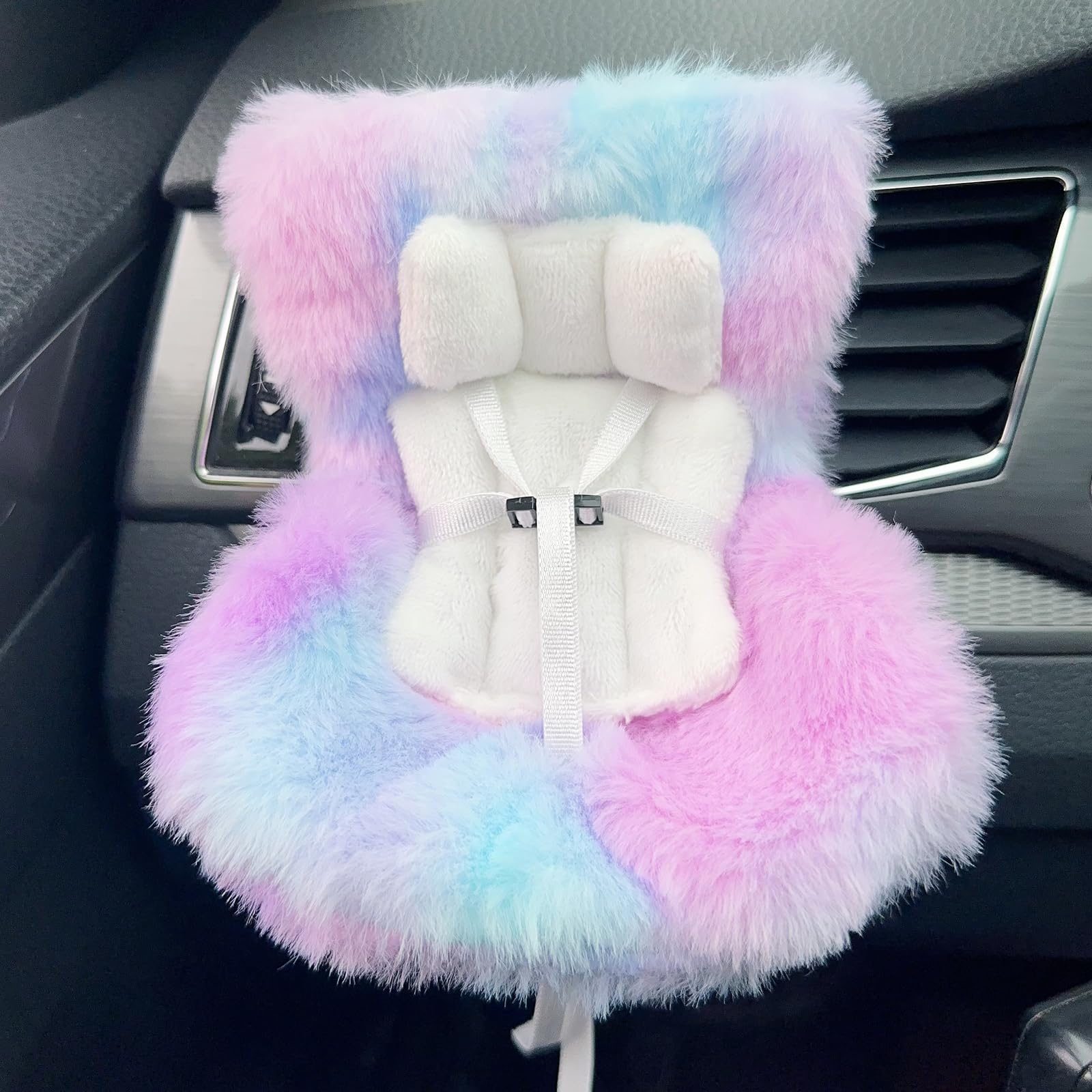 Doll Car Seat for 3–8 inch Figures, Fits Character Plushes, Blind Box Dolls & Vinyl Collectibles, Includes Air Vent Clip & Desktop Stand, Cute Car Ornament for Collectors