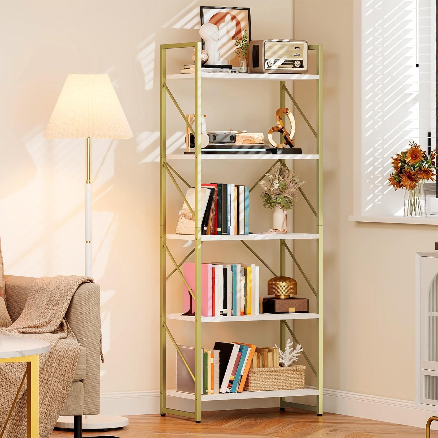 DWVO Gold Bookshelf, Modren 5 Tier Bookcase, Storage Shelves Organizer Standing Shelf, Display Rack Book Shelves for Bedroom,Living Room,Office,Kitchen, Gold
