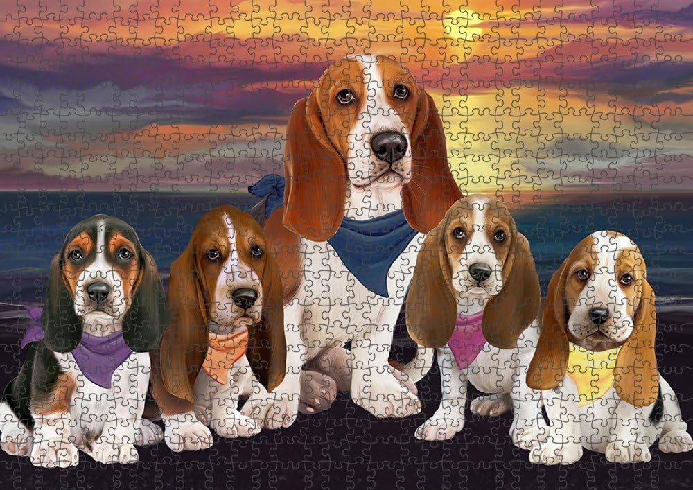 Family Sunset Basset Hound Dog Jigsaw Puzzle for Adults - Animal Printed Interlocking Puzzle Game Artwork - Gift for Dog Lover's- 500 Pcs 20.5"x15"