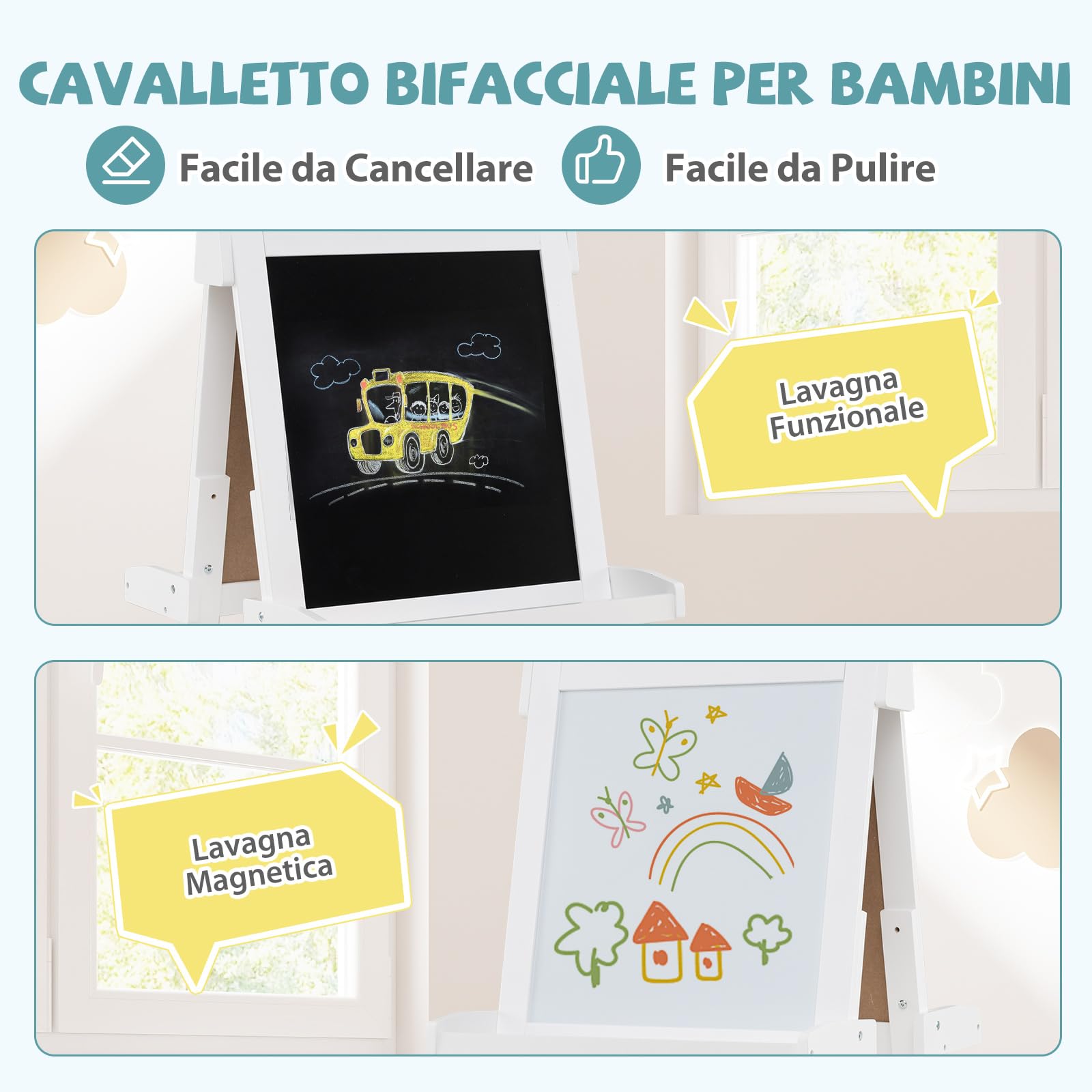 RELAX4LIFE 3 in 1 Cavalletto per Bambini Pieghevole in Legno, Altezza Regolabile, Lavagna Magnetica con Lavagna Bifacciale, con Rotolo di Carta, Vassoio e Accessori, 3+ Anni, 55x66x106-126cm (Bianco)