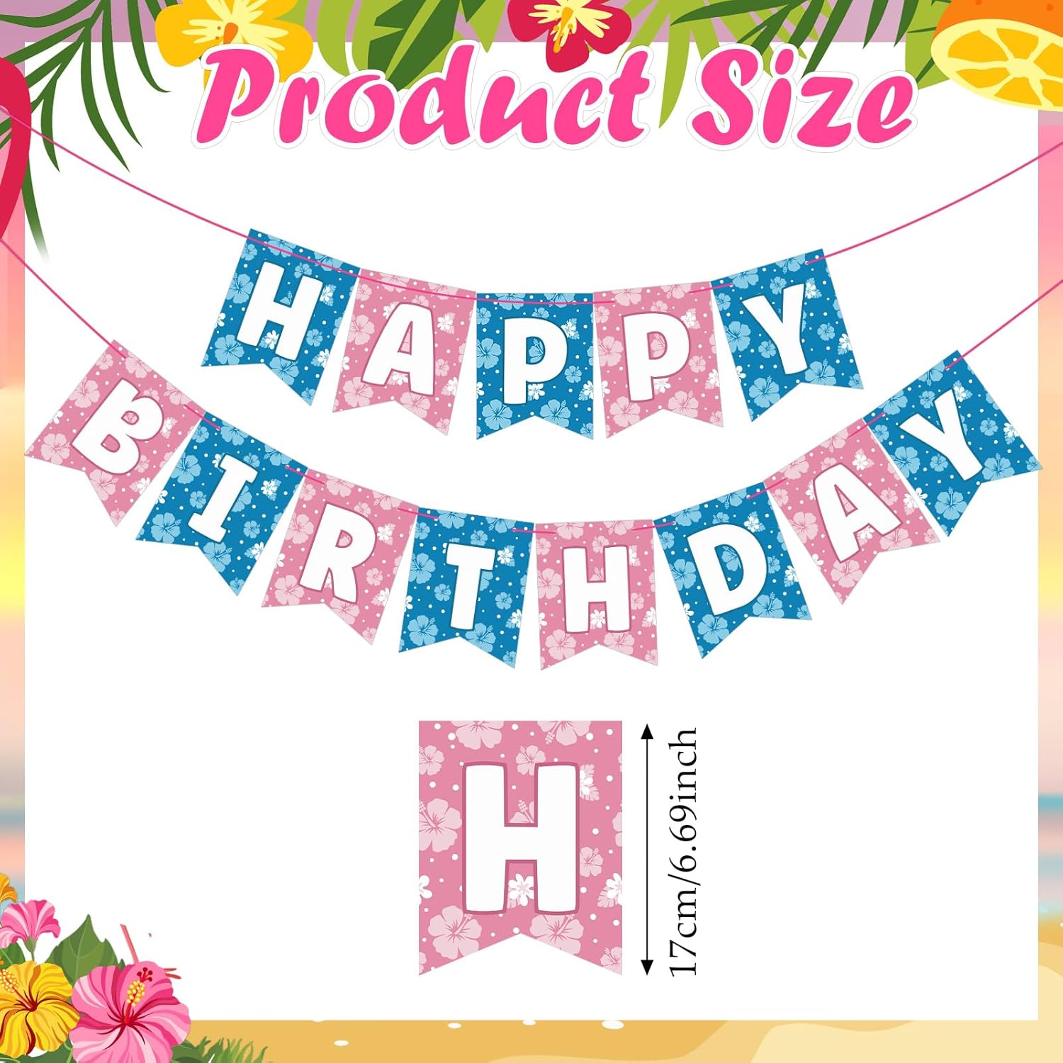 VitalCozy Blue Pink Hibiscus Cartoon Birthday Decorations Pre-strung Happy Birthday Banner for Blue Pink Alien Cartoon Hawaii Party Supplies