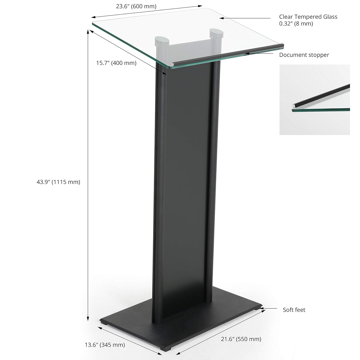 M&T Displays Tempered Clear Glass Conference Podium Stand with Aluminum Front Panel and Black Body and Base 43.9 Inch Height Floor Standing Lectern Pulpit Desk for Classroom Church - Image 2